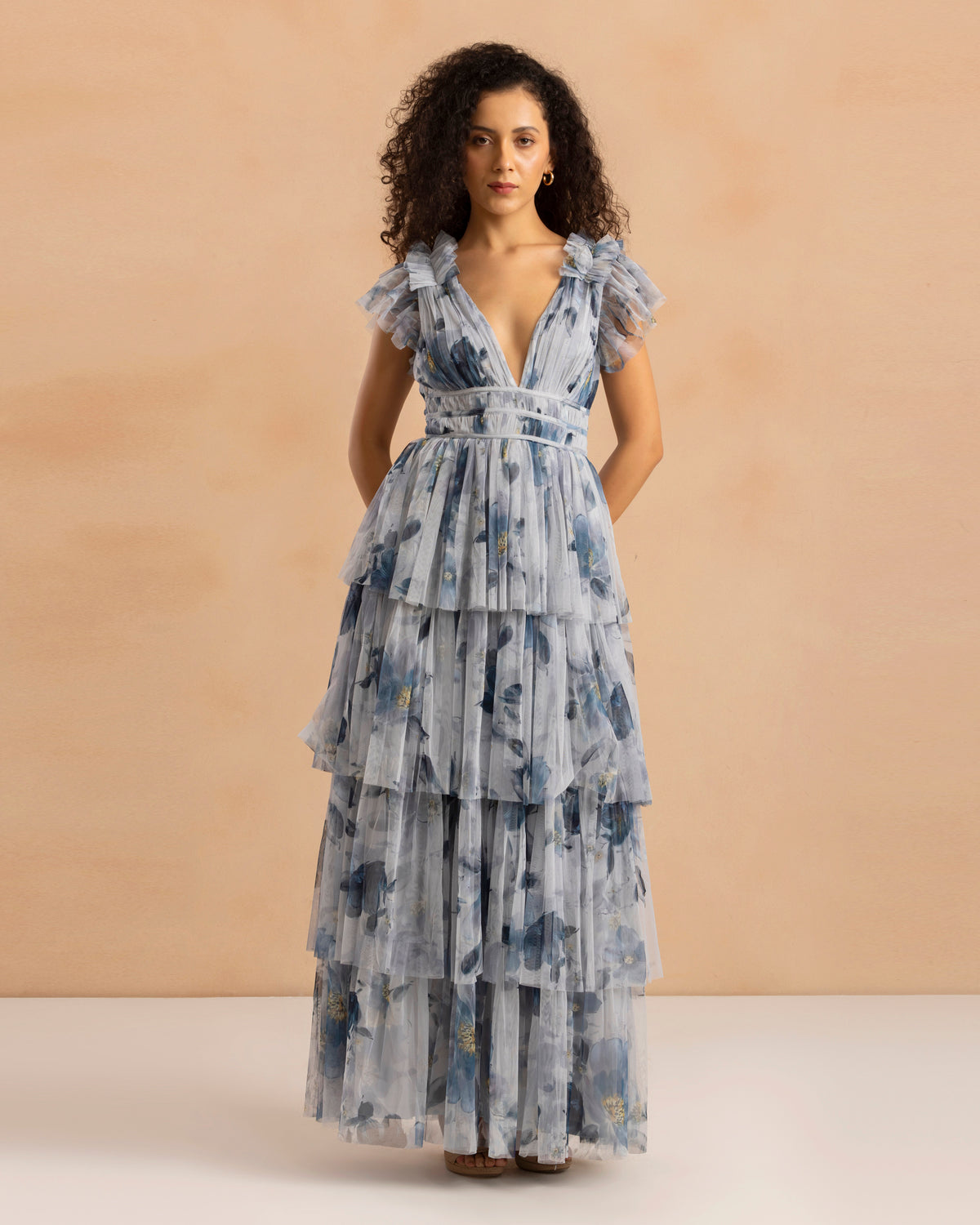 Naomi Tulle Maxi Dress in Grey Magnolia Print