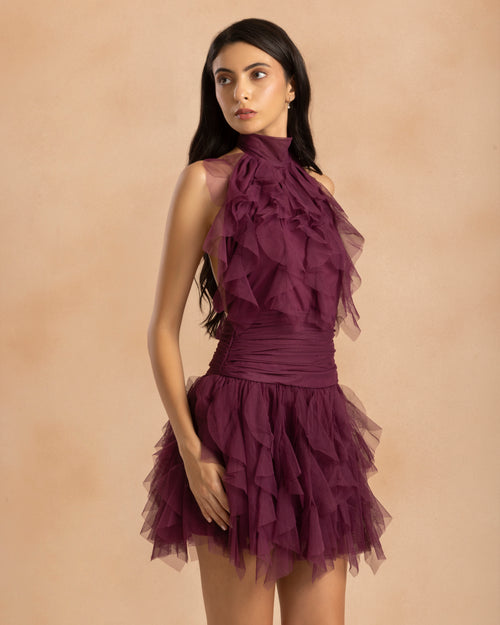 Tabitha Tulle Mini Ruffle Dress in Magenta