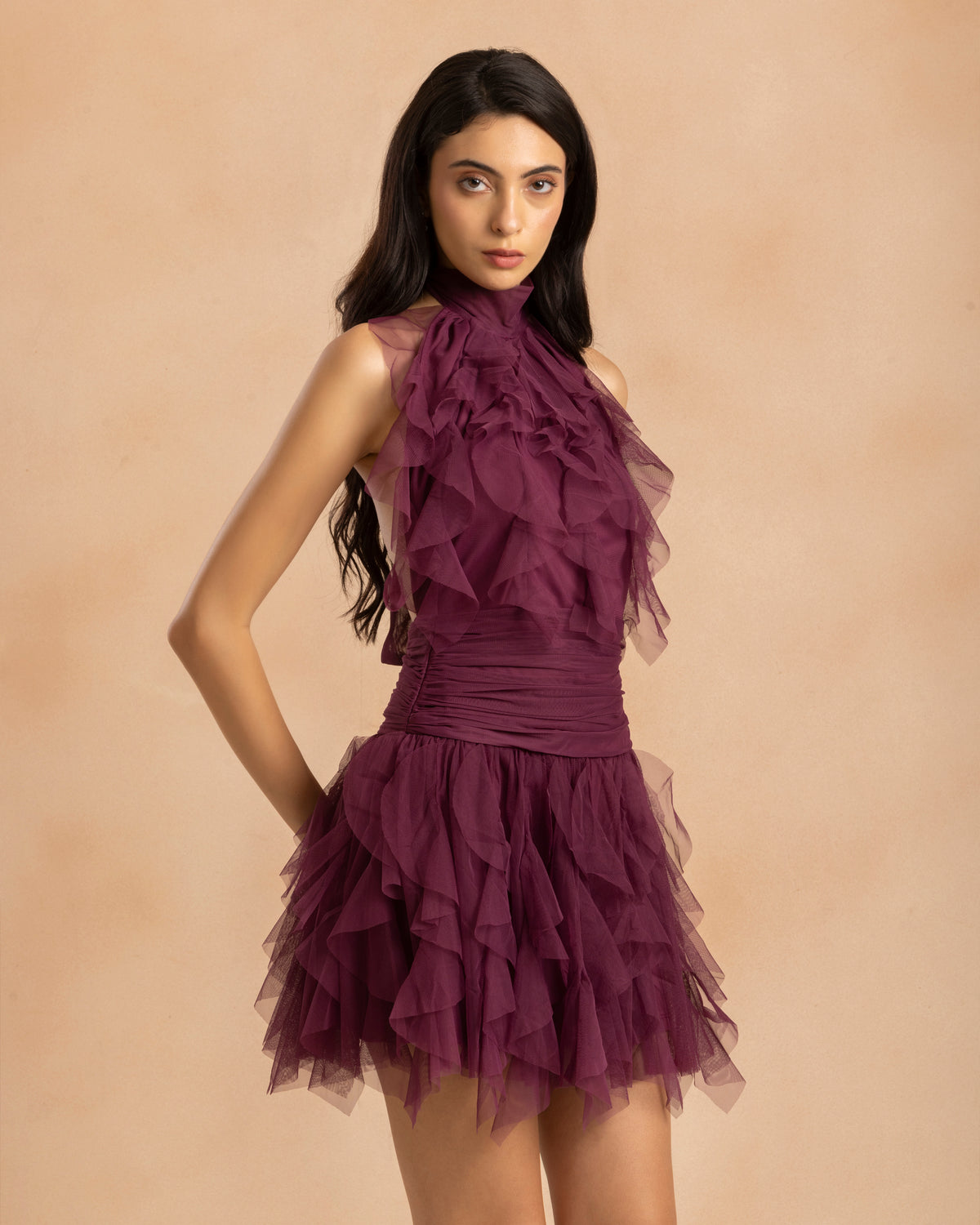 Tabitha Tulle Mini Ruffle Dress in Magenta