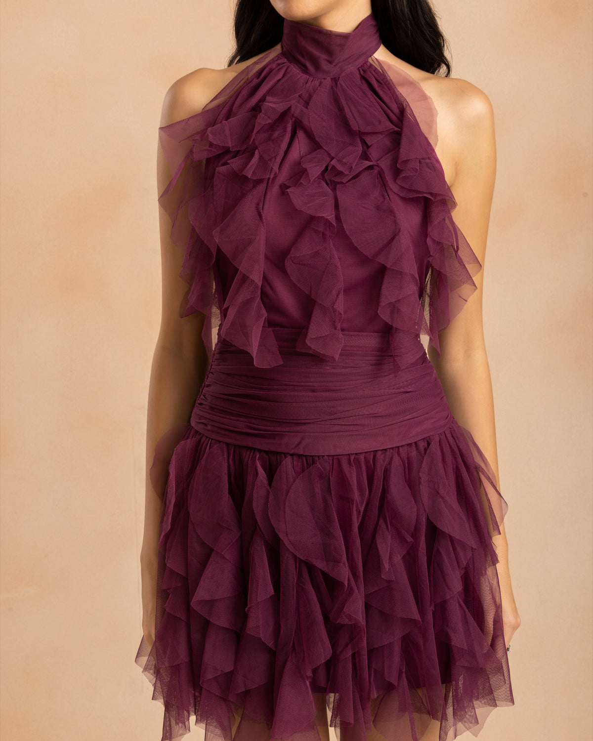 Tabitha Tulle Mini Ruffle Dress in Magenta