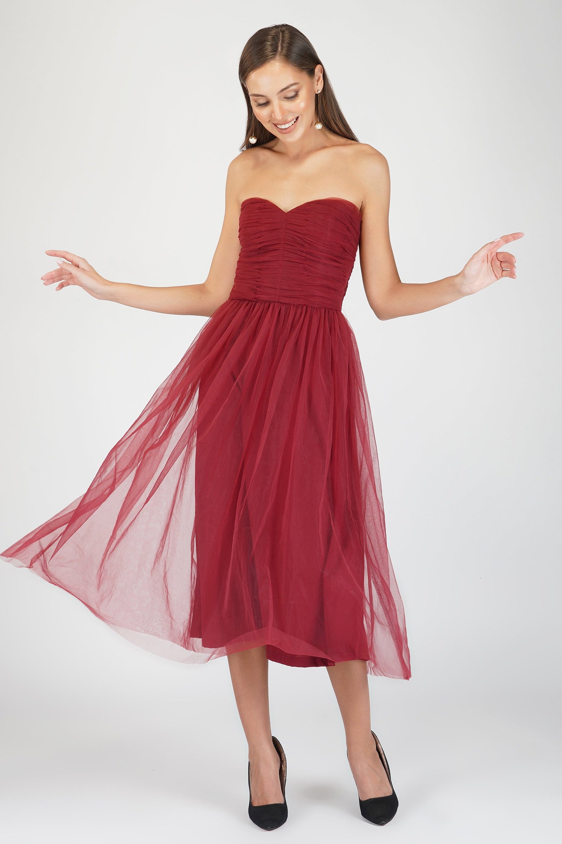 Litzy Tulle Midi in Burgundy