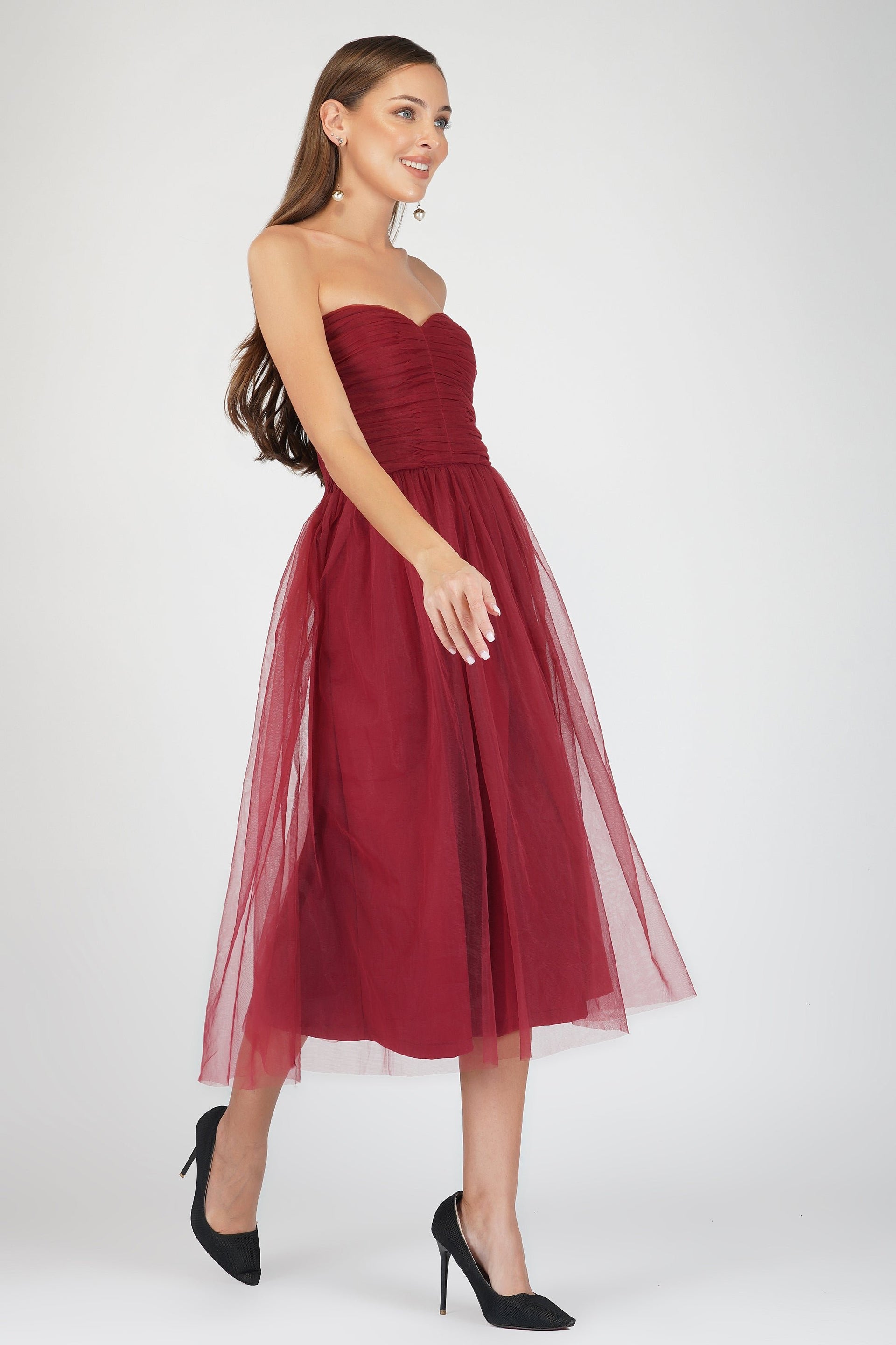 Litzy Tulle Midi in Burgundy