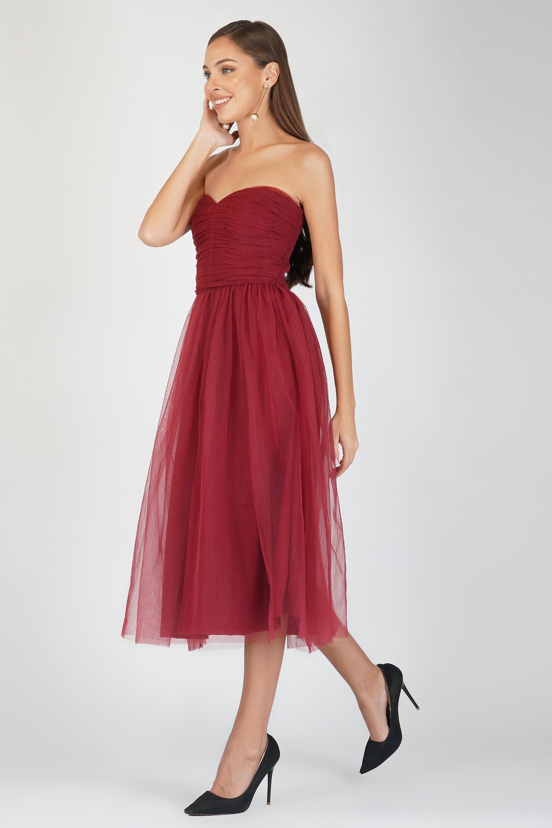 Litzy Tulle Midi in Burgundy