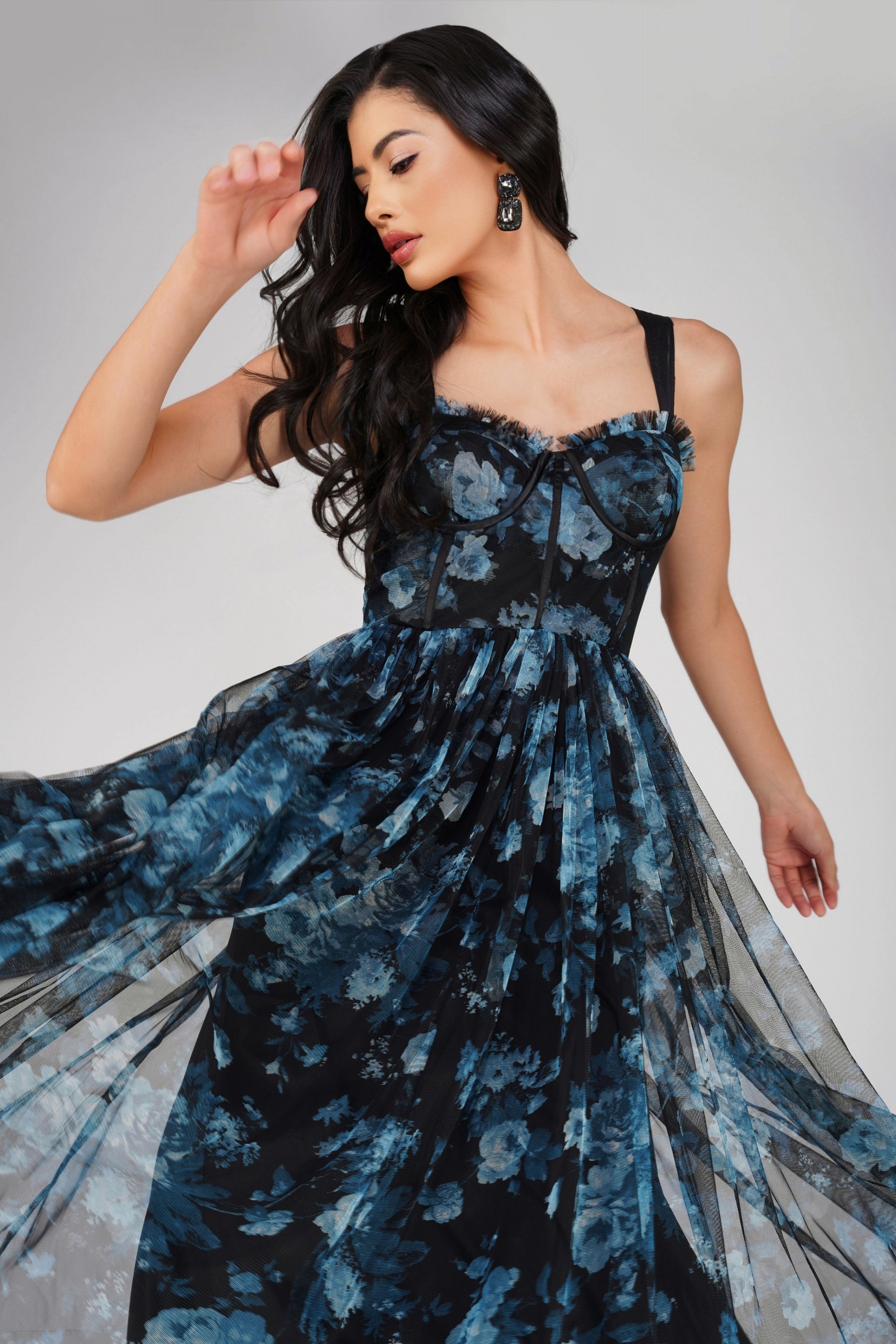 Dane Blue Floral Corset Midi Dress - Main Image