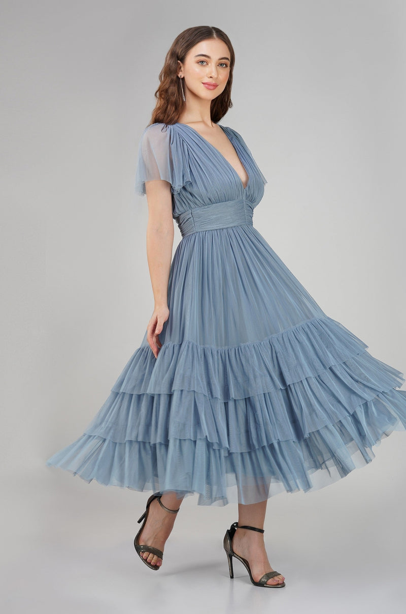 Madison Dusty Blue Bridesmaid Dress Lace Beads