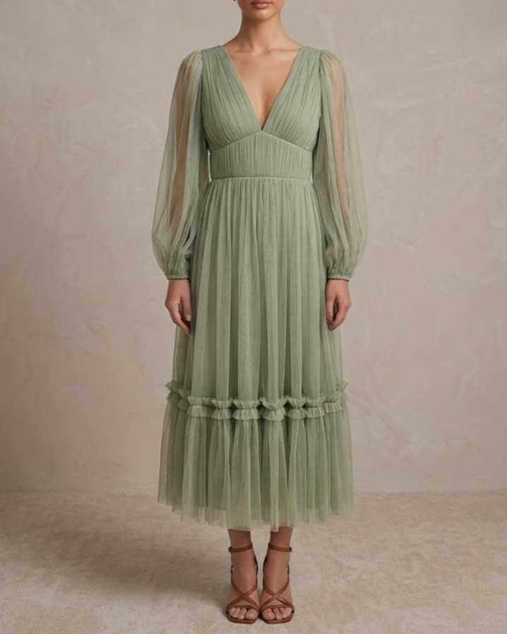 Rachel Tulle Midi Dress in Dusty Sage