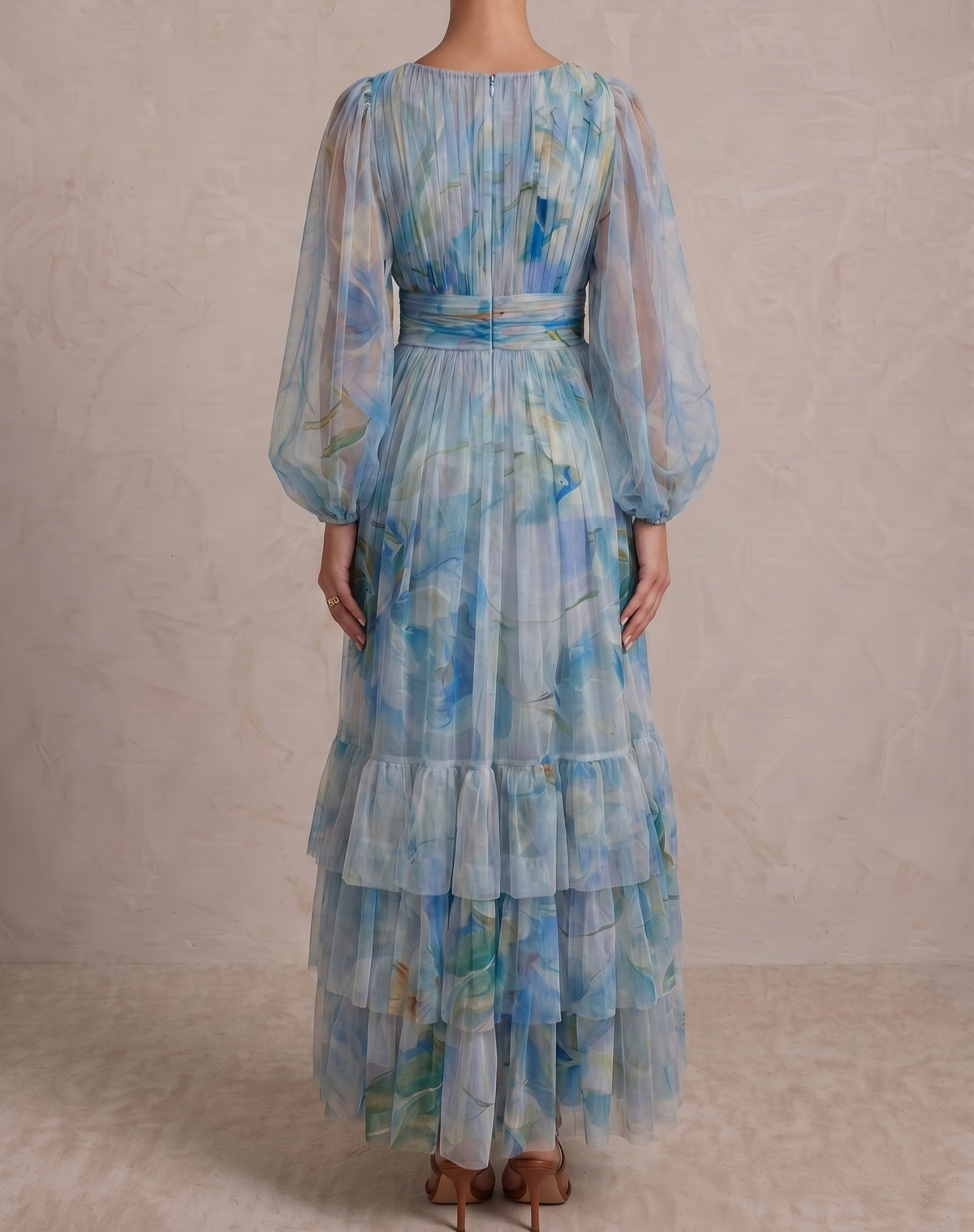Long Sleeve Tulle Wrap Madison Maxi Dress in Blue Dahlia Print