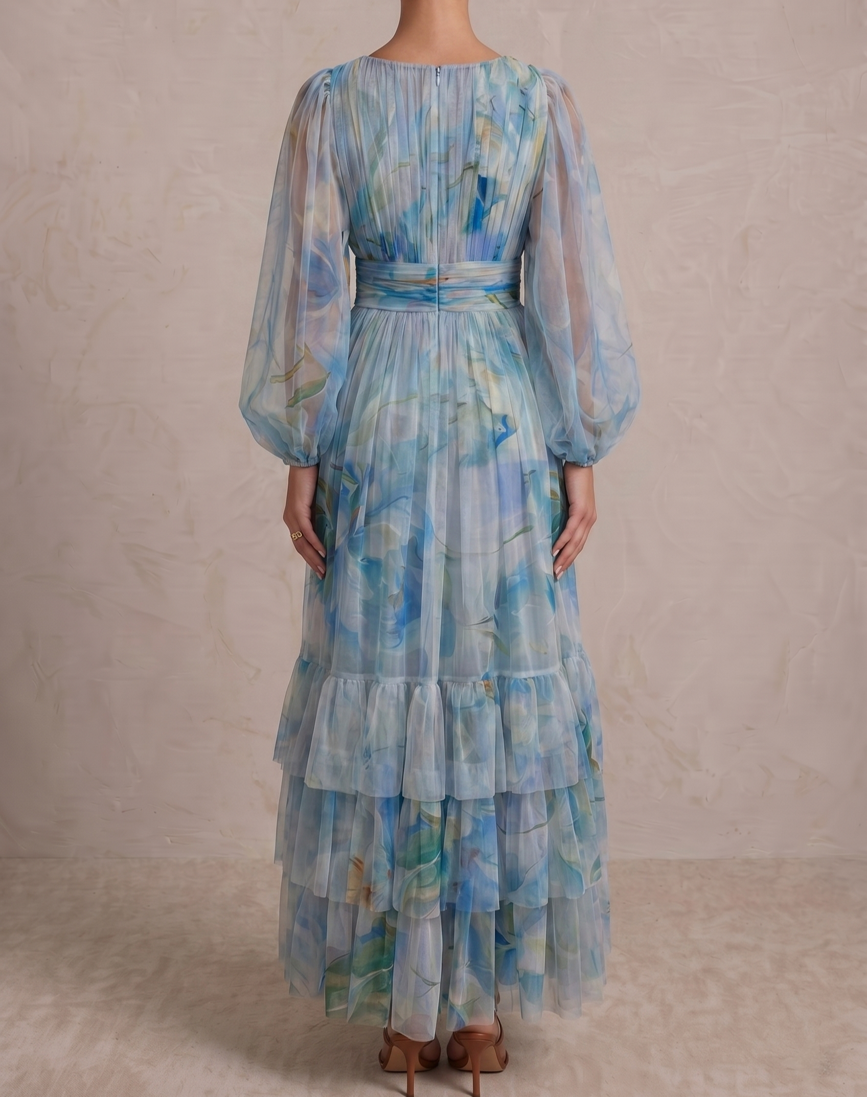 Long Sleeve Tulle Wrap Madison Maxi Dress in Blue Dahlia Print