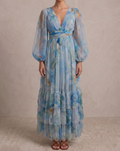 Long Sleeve Tulle Wrap Madison Maxi Dress in Blue Dahlia Print