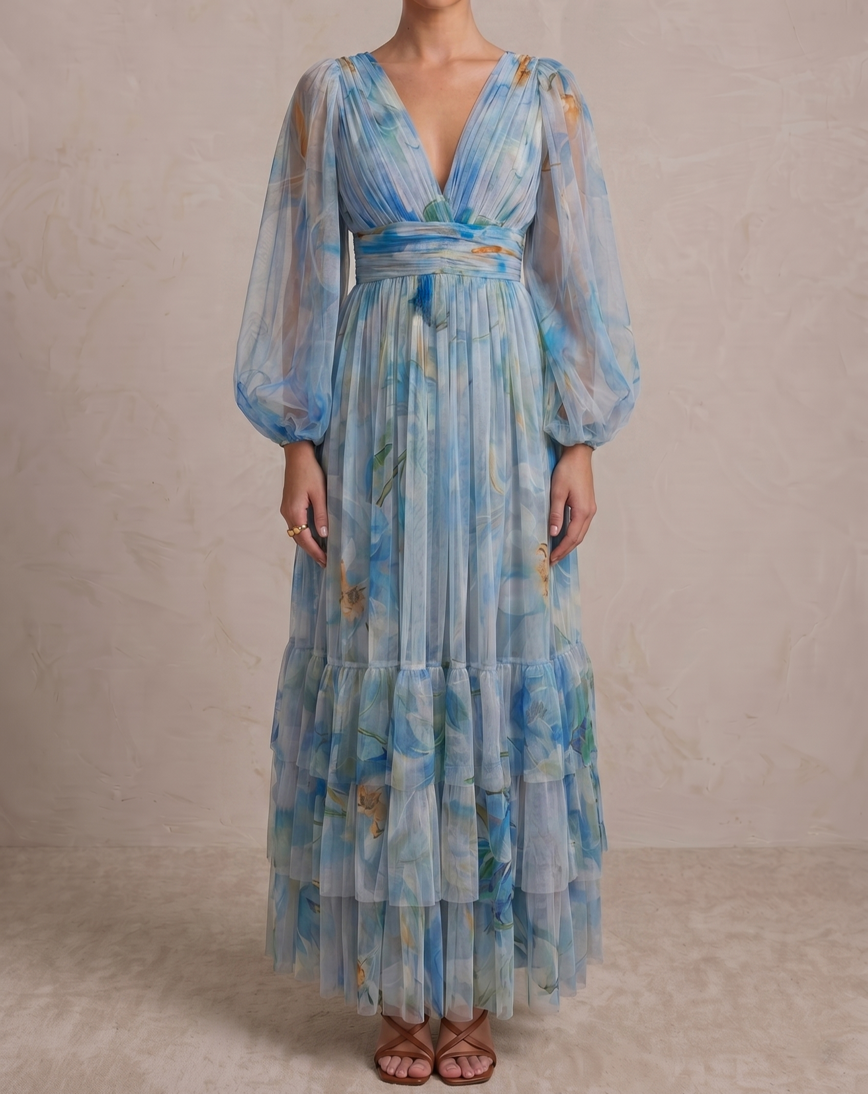 Long Sleeve Tulle Wrap Madison Maxi Dress in Blue Dahlia Print