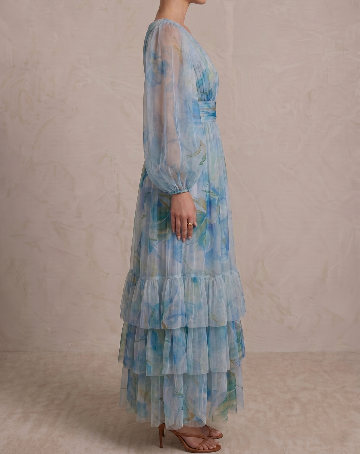 Long Sleeve Tulle Wrap Madison Maxi Dress in Blue Dahlia Print