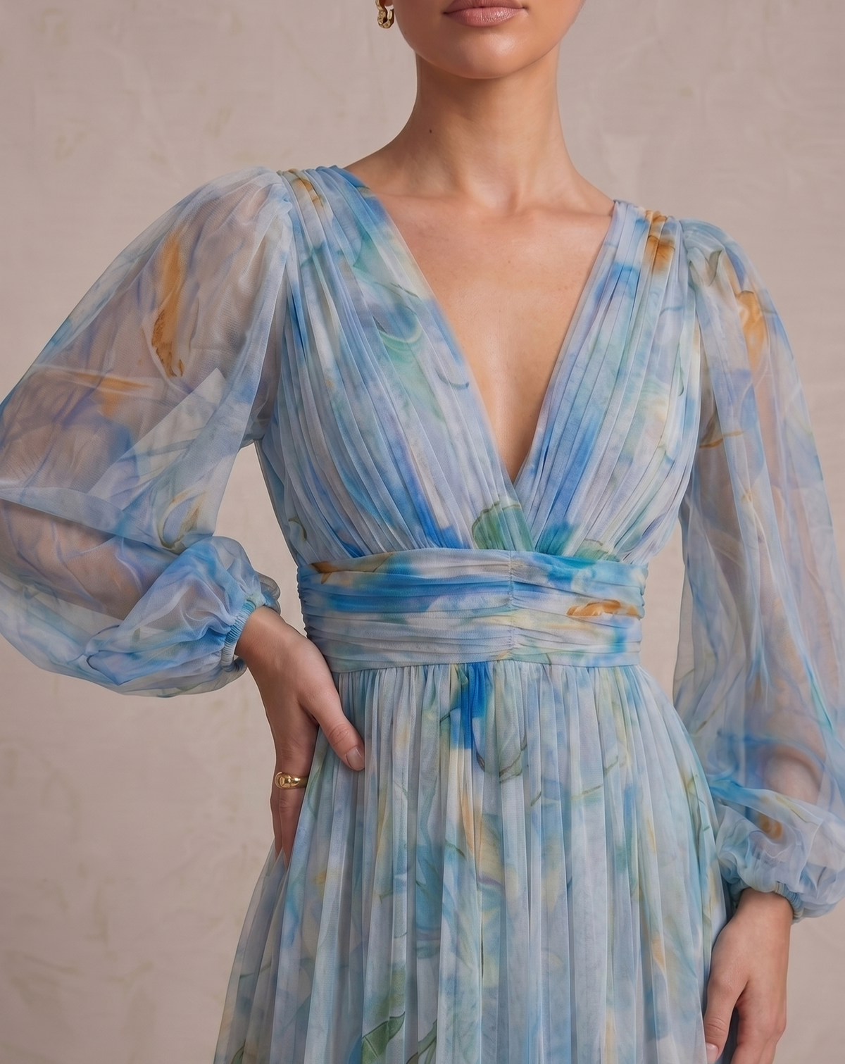 Long Sleeve Tulle Wrap Madison Maxi Dress in Blue Dahlia Print