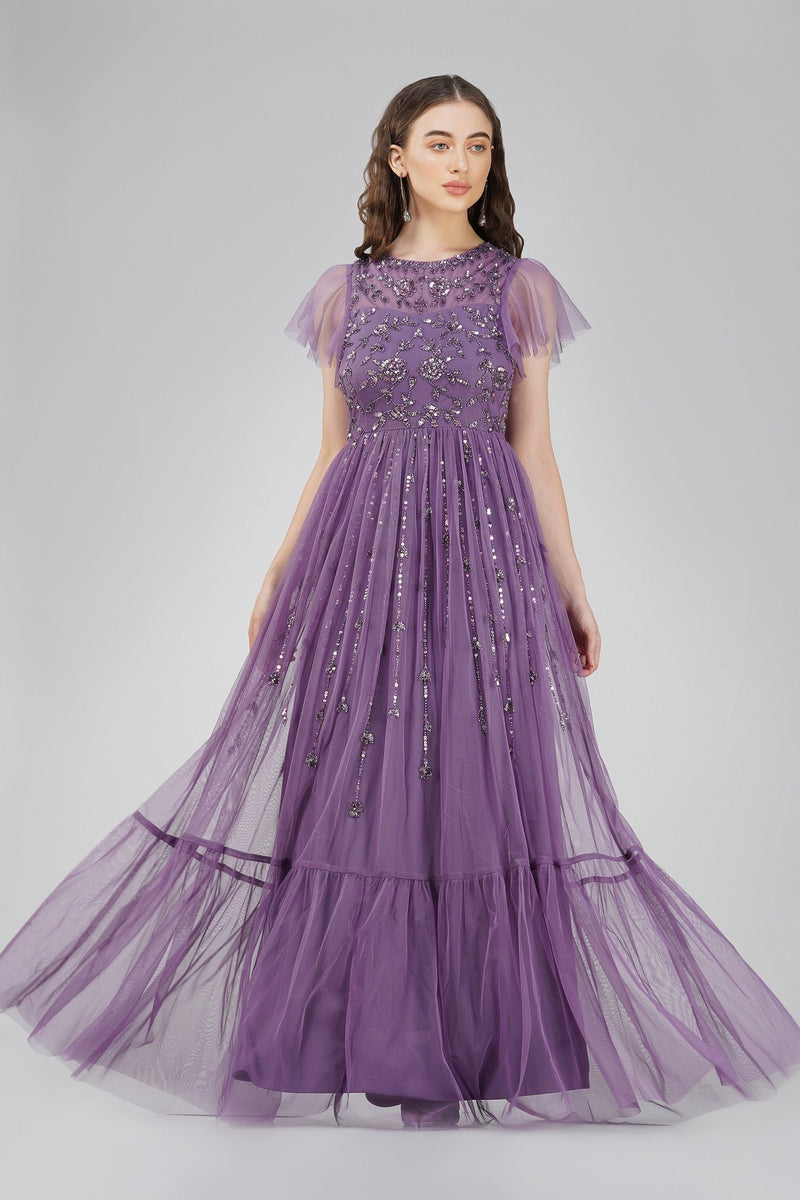 Purple evening gowns shop with sleeves