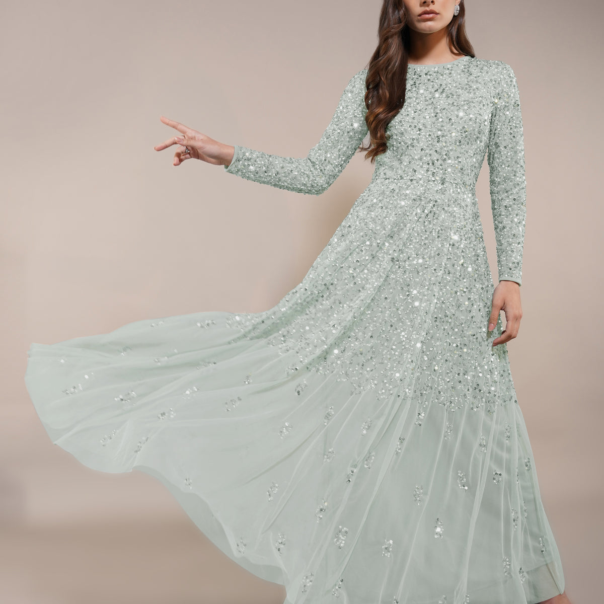 Sila Long Sleeve Embellished Maxi Dress in Sage Green