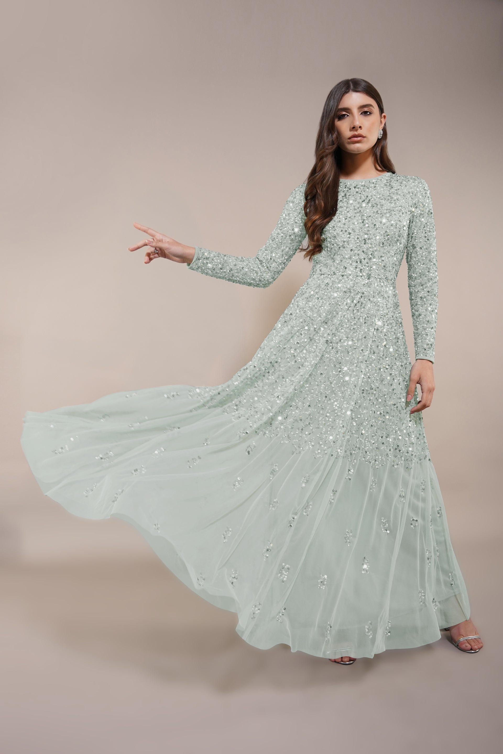 Sila Long Sleeve Embellished Maxi Dress in Sage Green – Lace & Beads