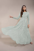 Embellished bridesmaid modest sage green maxi dress long-sleeves