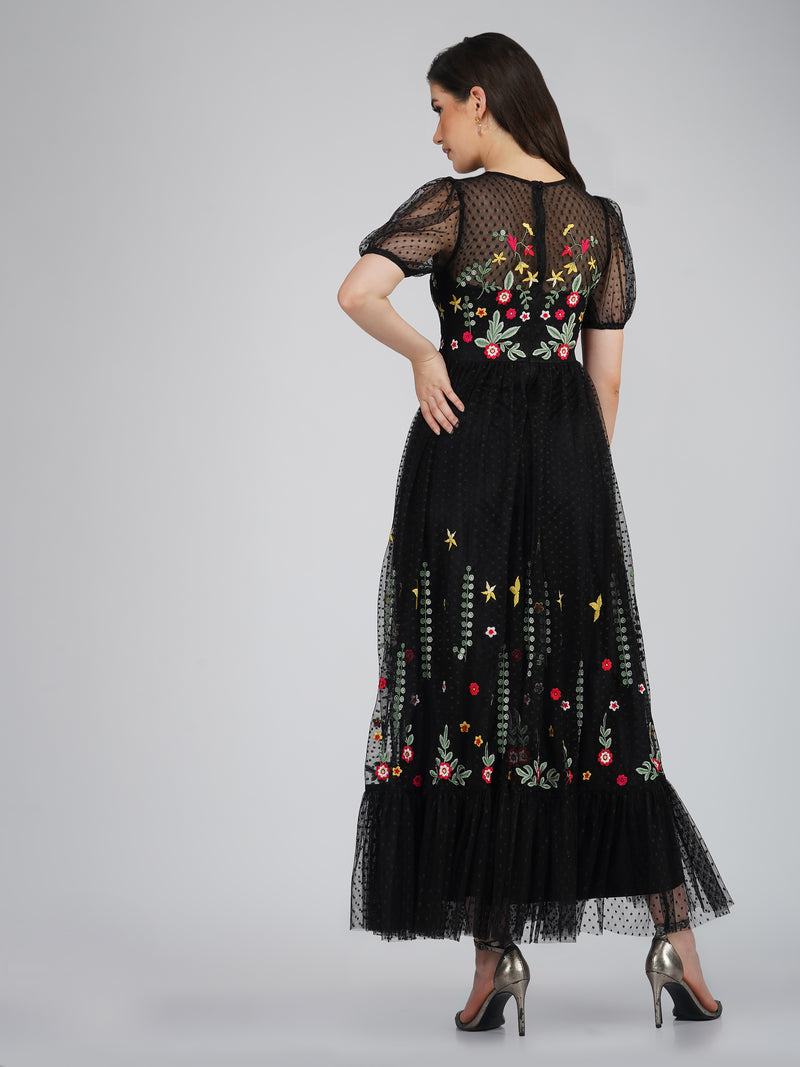 Dahlia Black Embroidered Dress Lace Beads