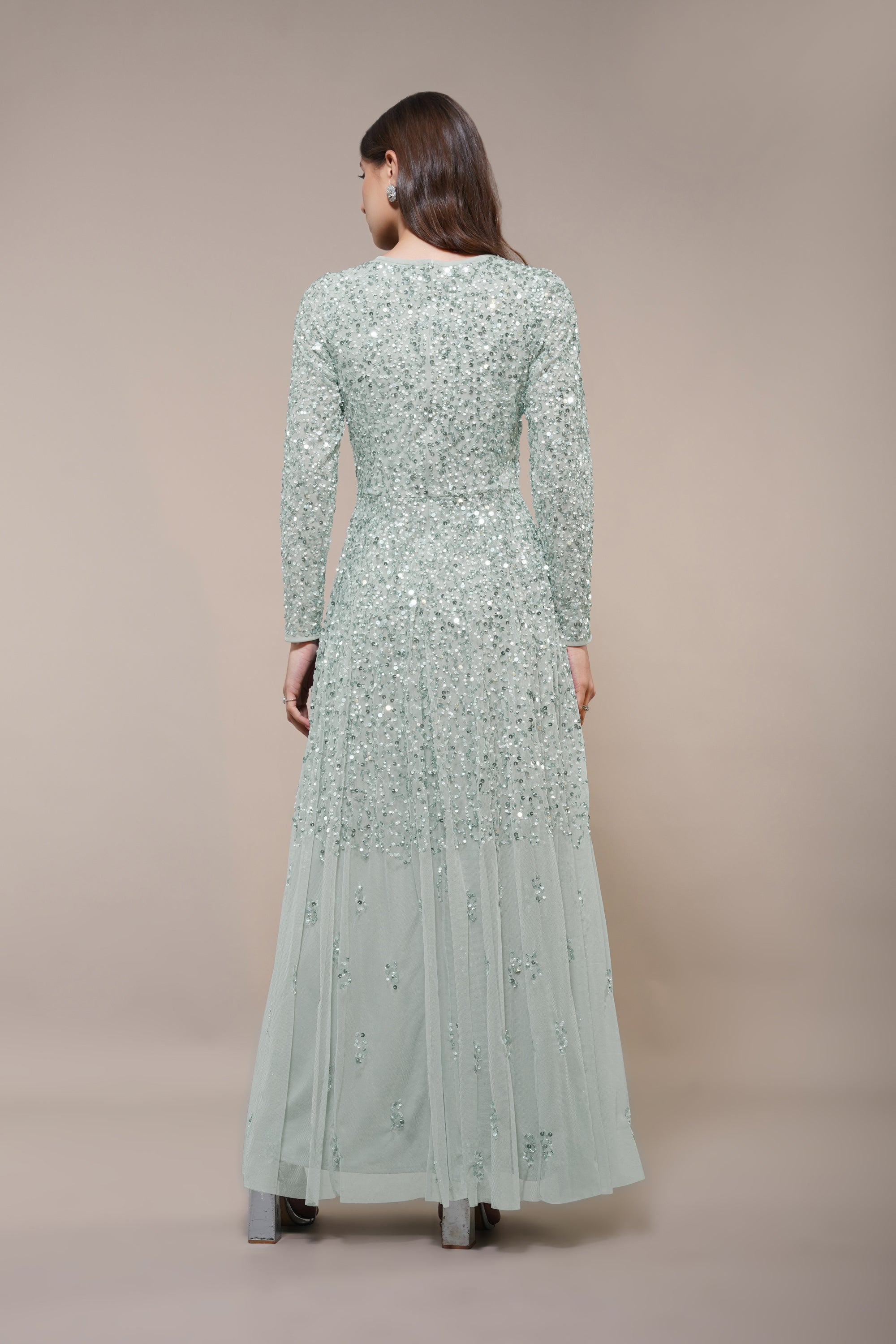 Sila Long Sleeve Embellished Maxi Dress in Sage Green Lace & Beads Sila Long Sleeve Embellished Maxi Dress in Sage Green Lace & Beads