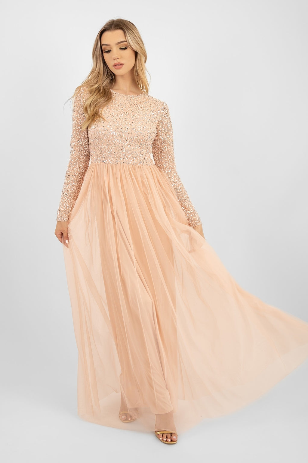 Belle Blush Pink Long Sleeve Bridesmaid Dress – Lace & Beads
