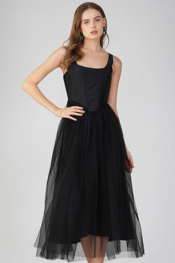 Gaela Tulle Midi Dress in Black