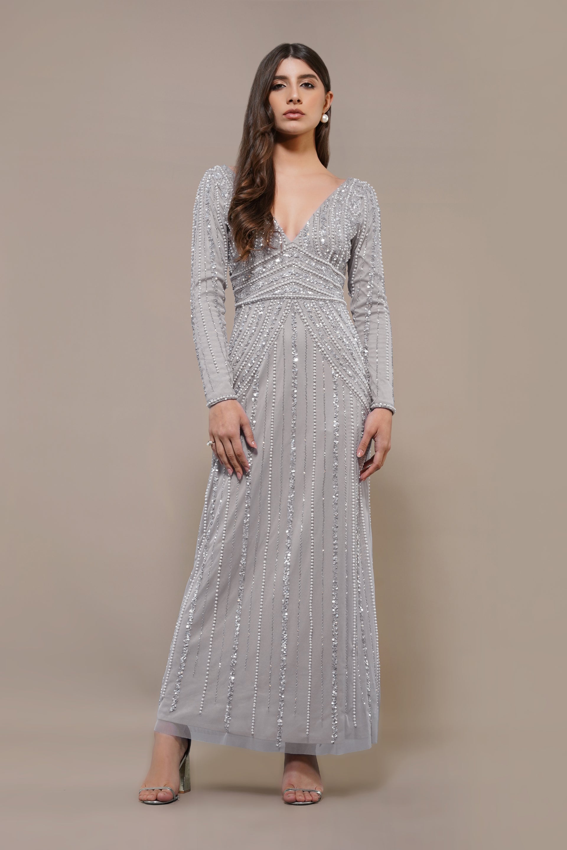Long-sleeve embellished pearl bridesmaid wedding maxi dress grey