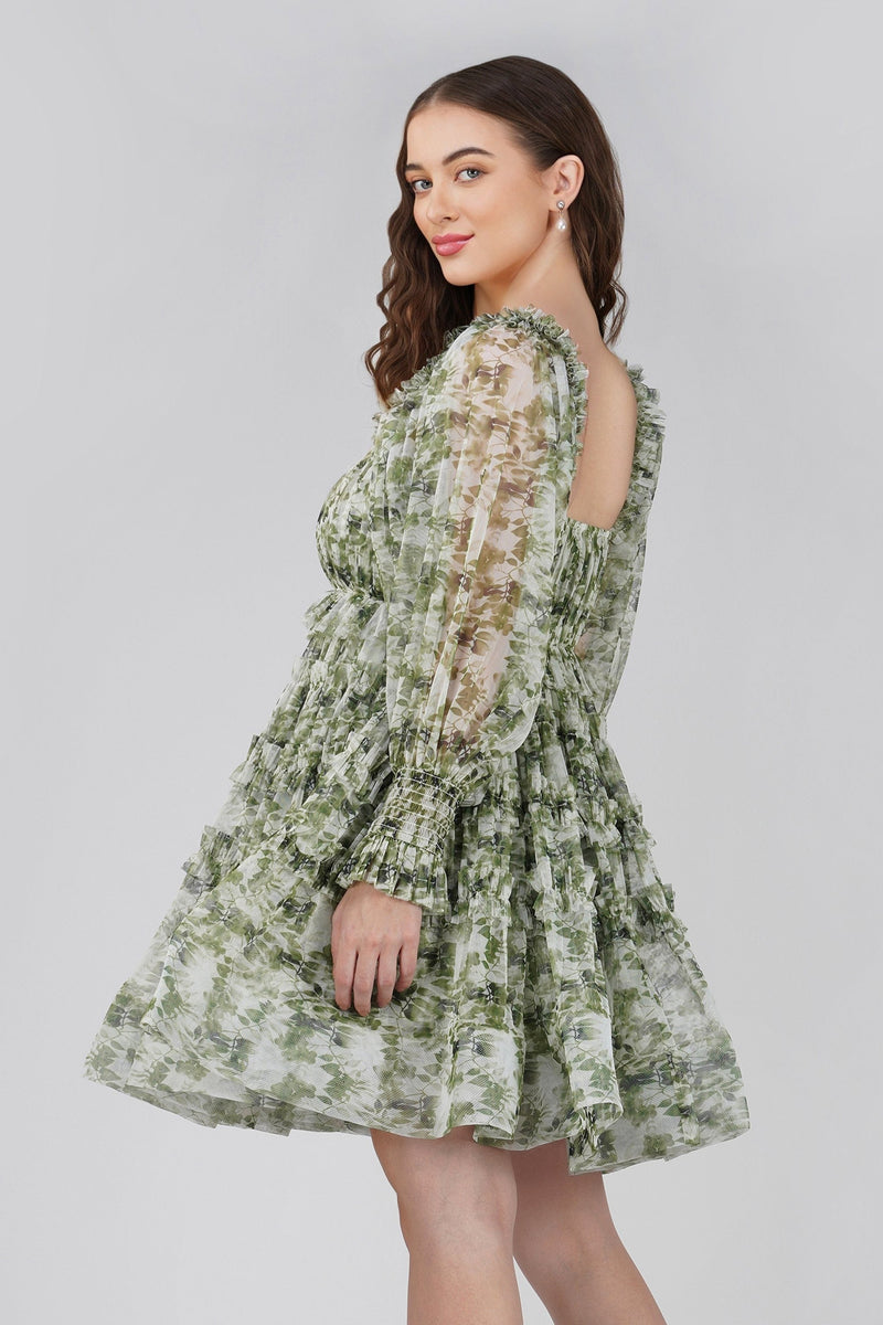 Jessica Tulle Dress in Green Print.