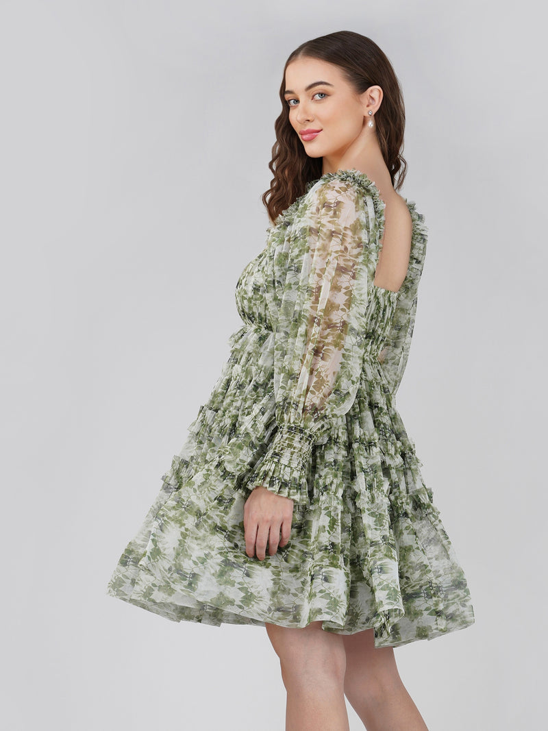 Jessica Tulle Dress in Green Print.