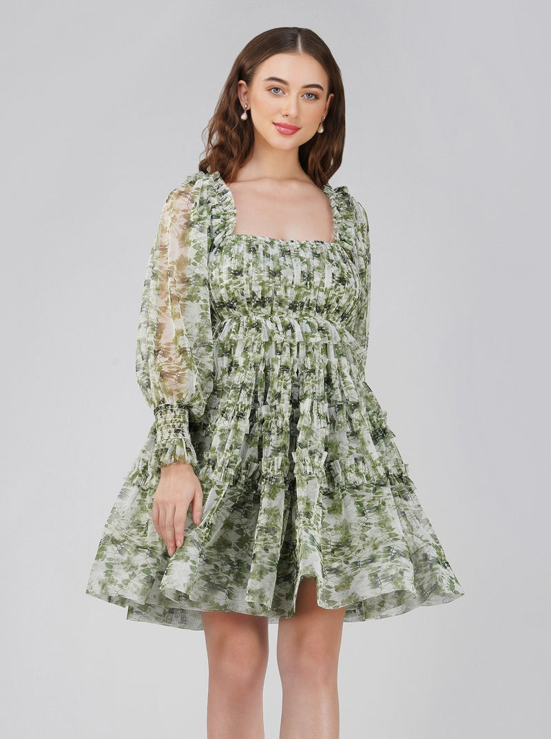 Jessica Tulle Dress in Green Print.
