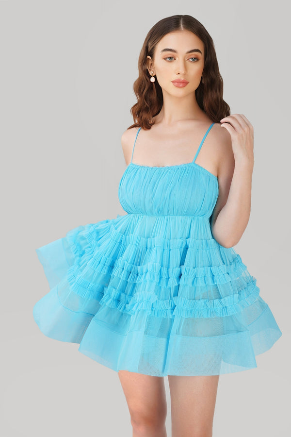 Bethan Structured Tulle Mini Dress in Blue