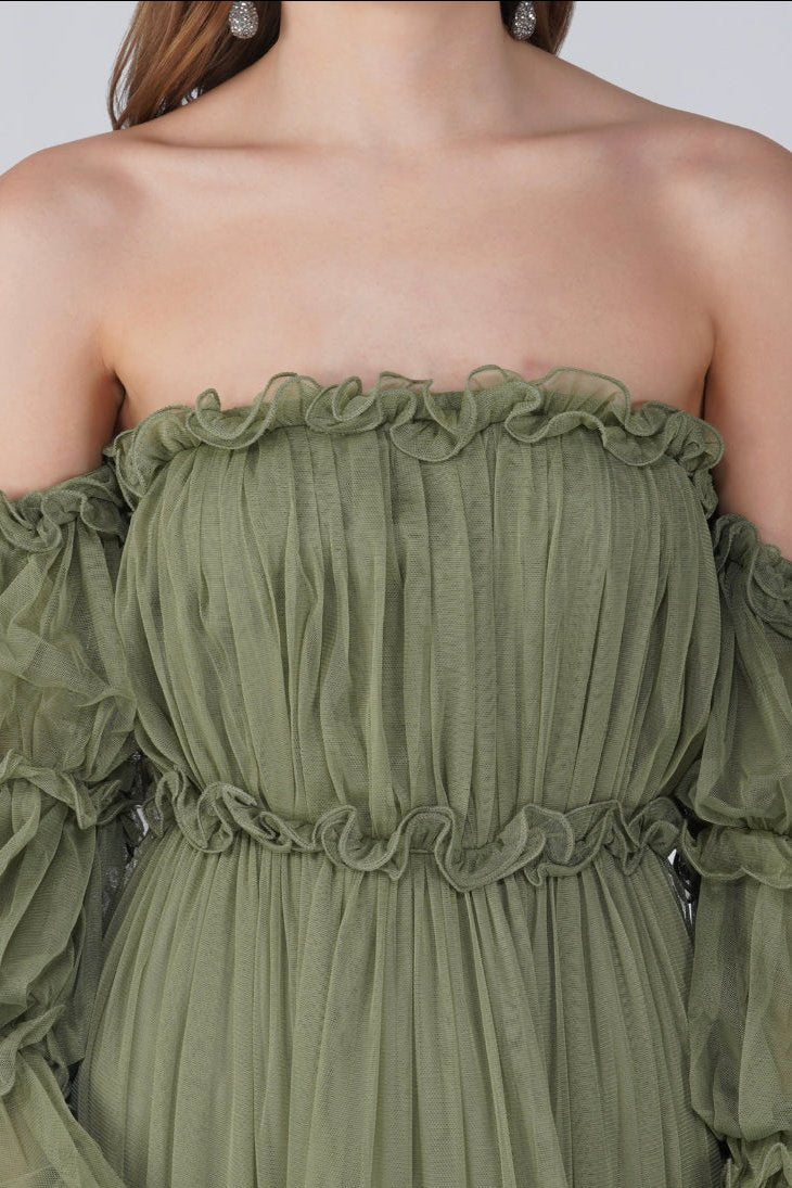 Emmeline Tulle Maxi Dress in Soft Olive