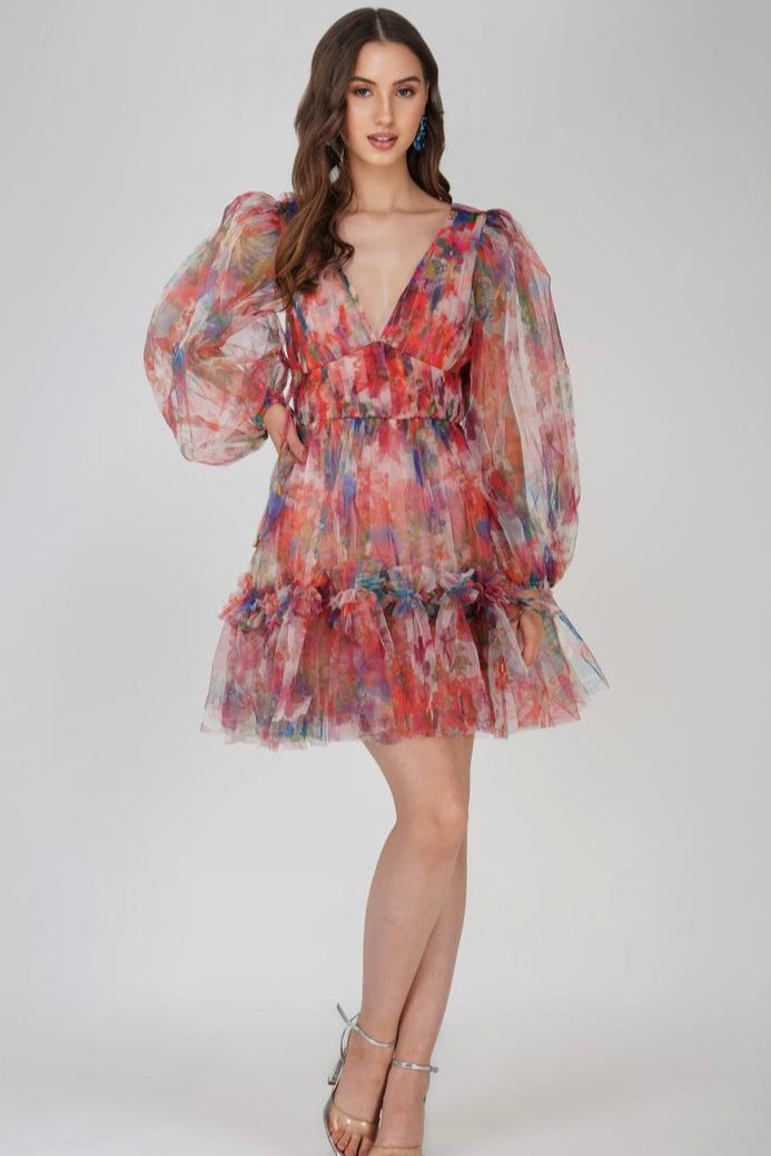 Gracelyn Tulle Mini Dress in Floral Print