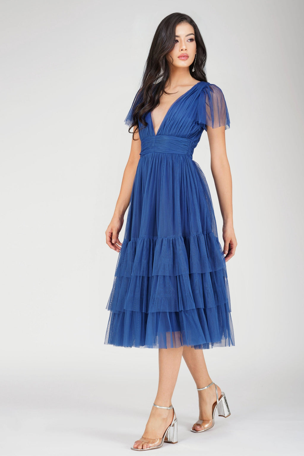 Madison Cobalt Blue Tulle Bridesmaid Midi Dress  Lace & Beads