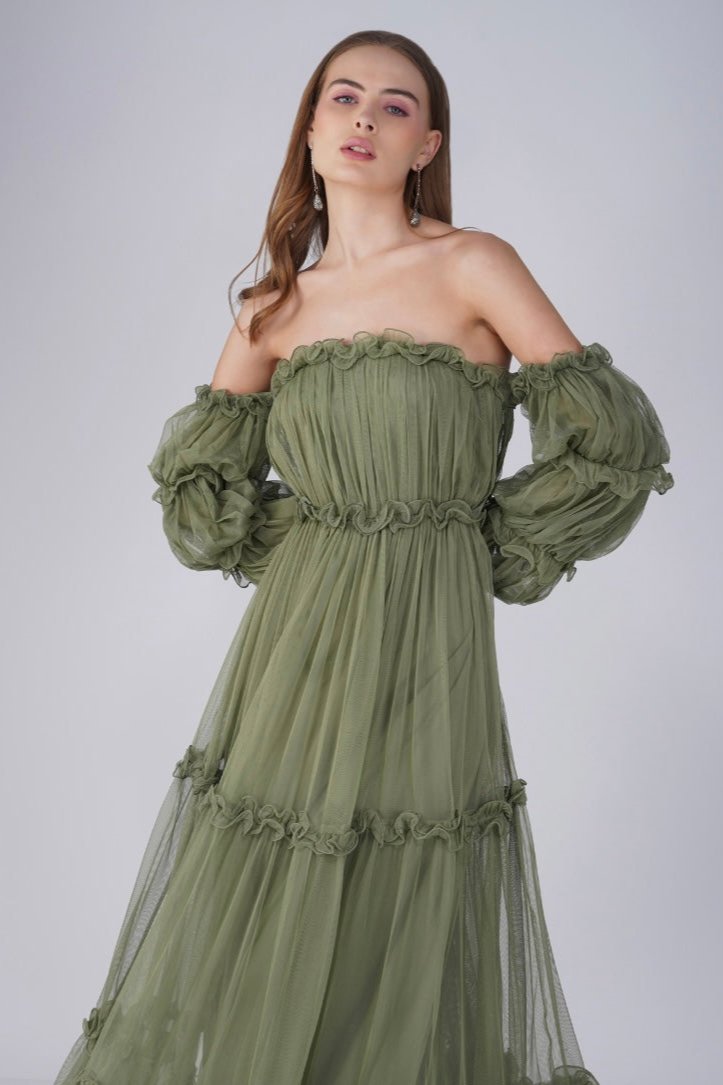 Emmeline Tulle Maxi Dress in Soft Olive