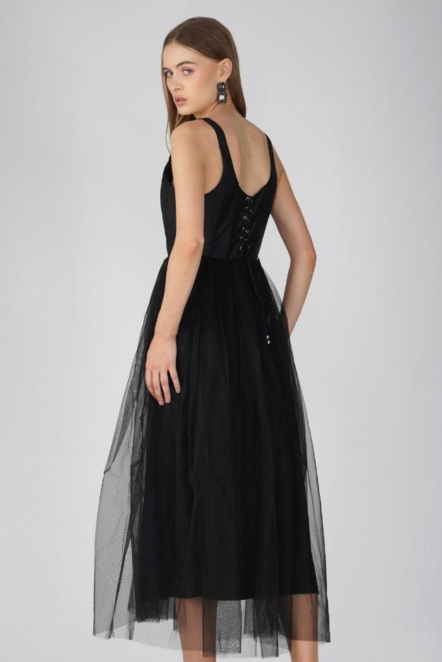 Gaela Tulle Midi Dress in Black