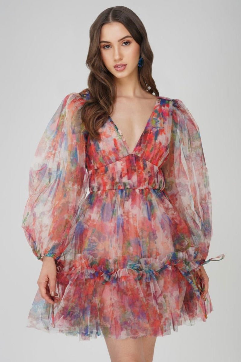 Gracelyn Tulle Mini Dress in Floral Print