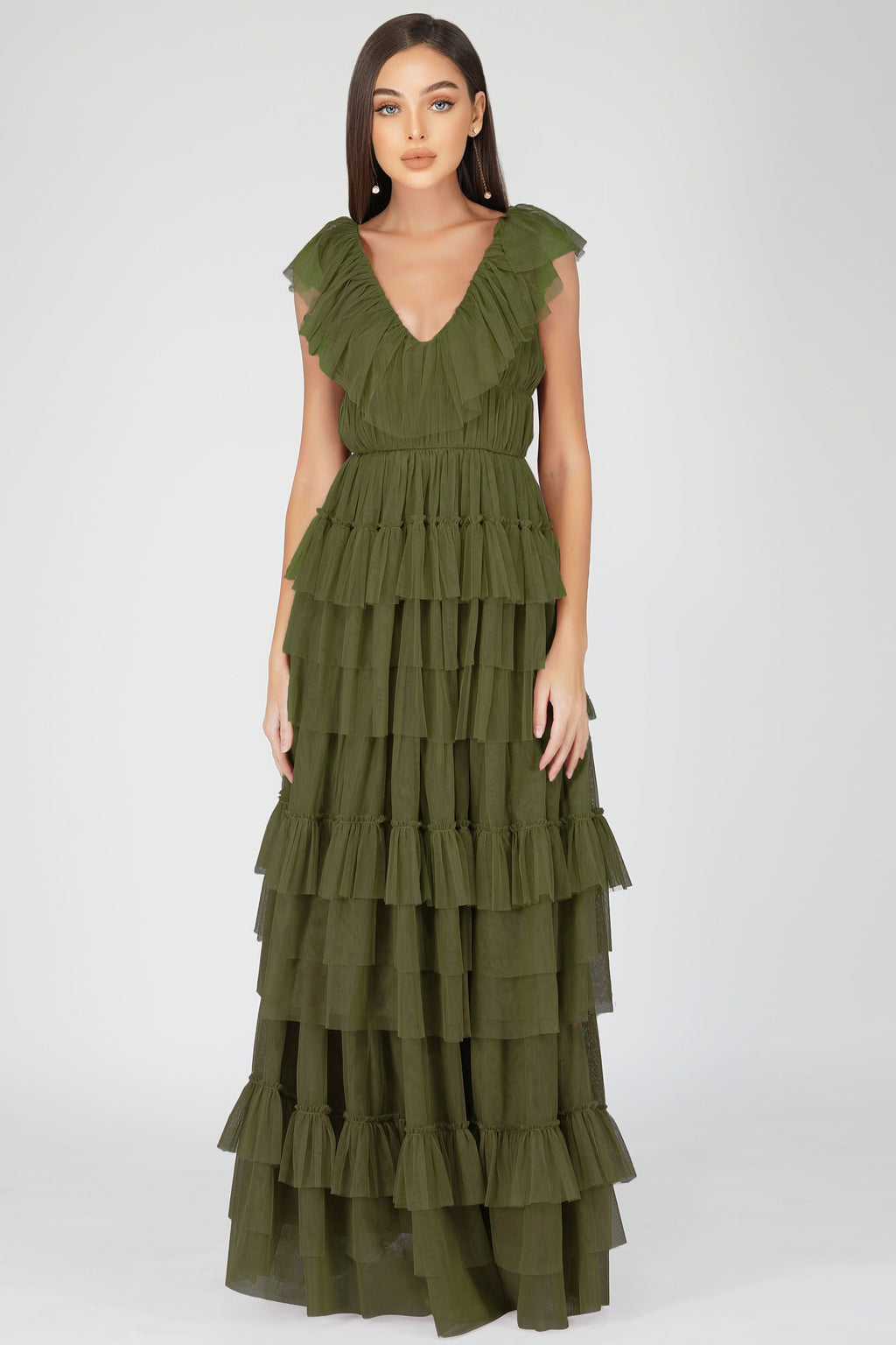 Alexandra Tulle Maxi Dress in Deep Olive