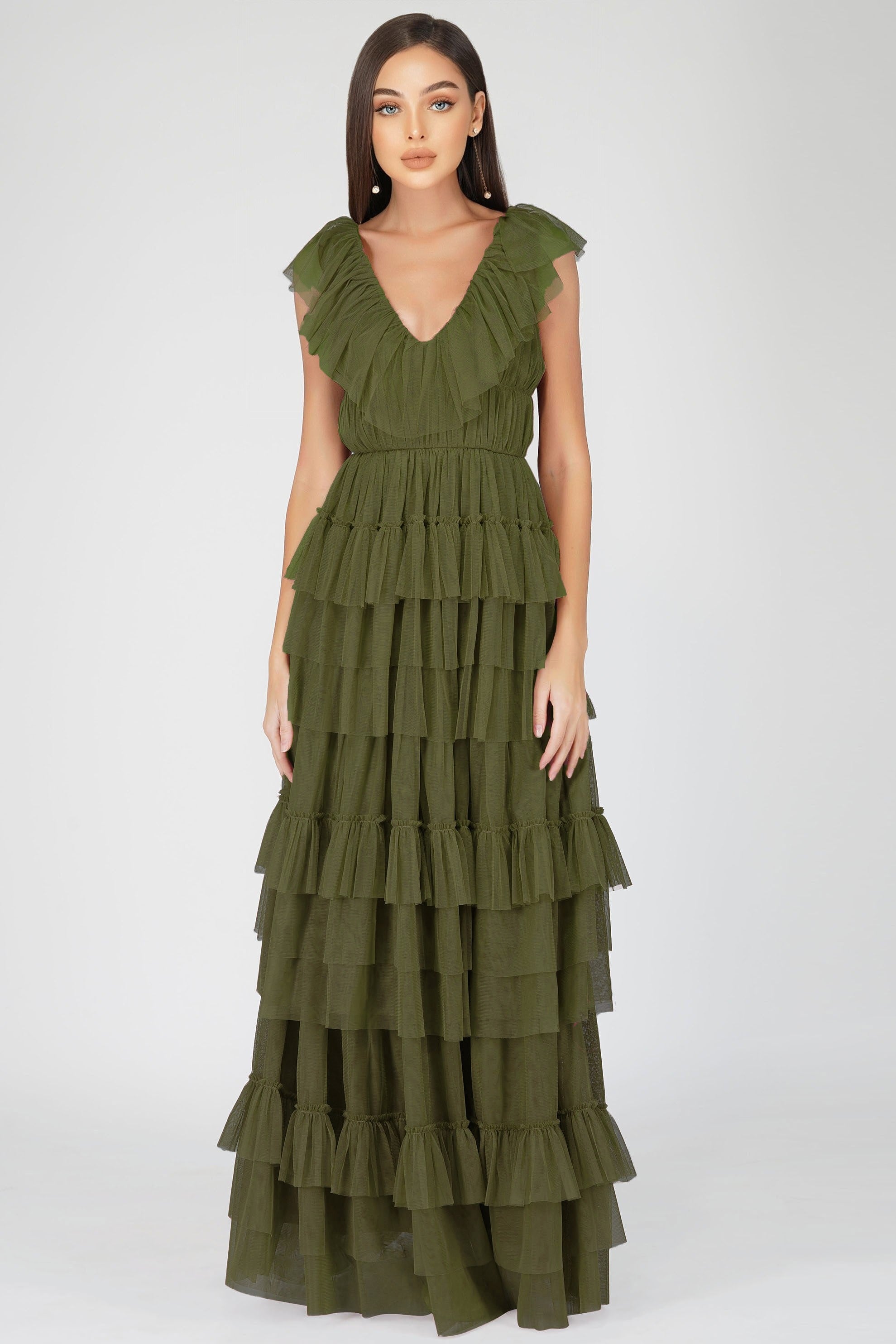 Alexandra Tulle Maxi Dress in Deep Olive