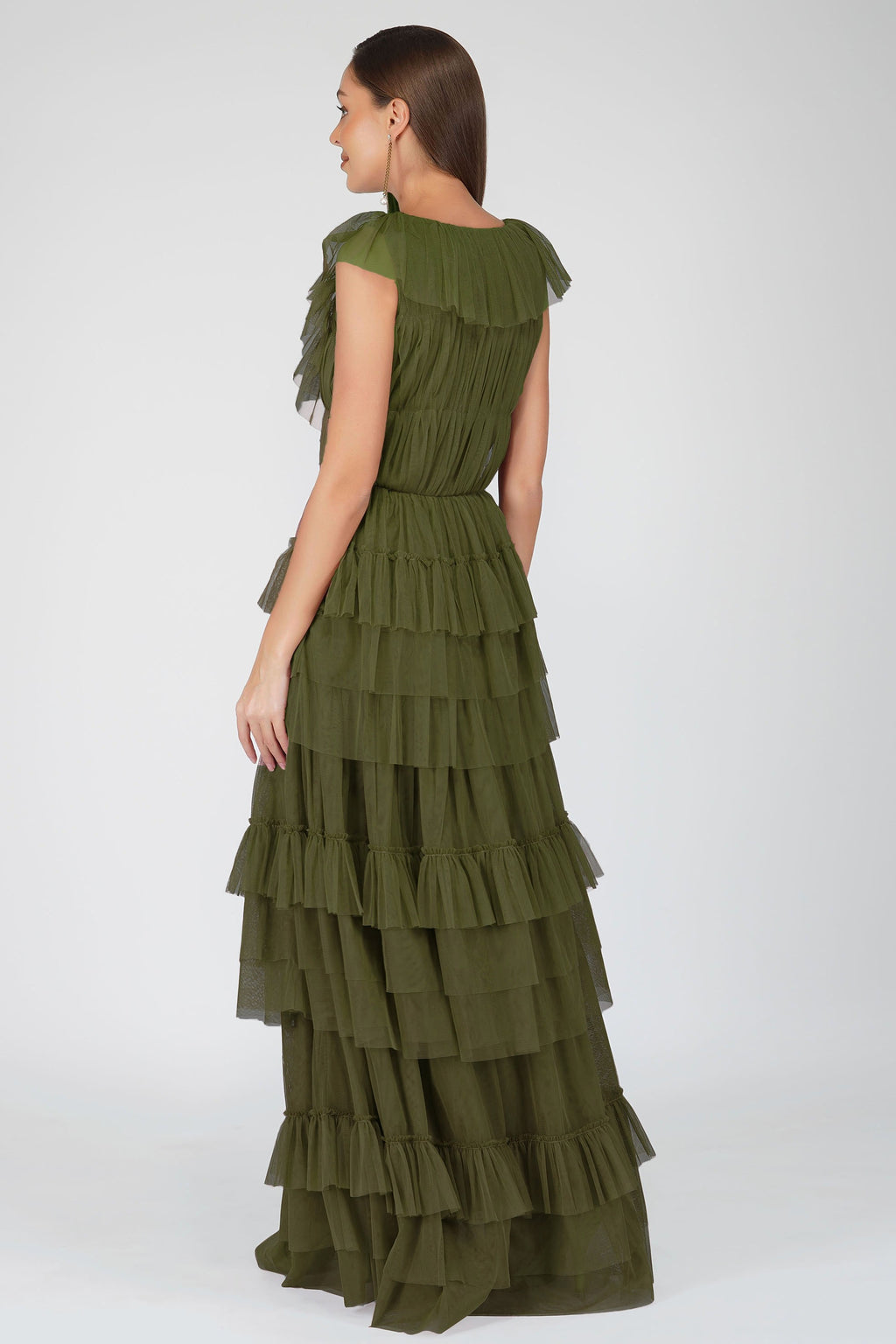 Alexandra Tulle Maxi Dress in Deep Olive