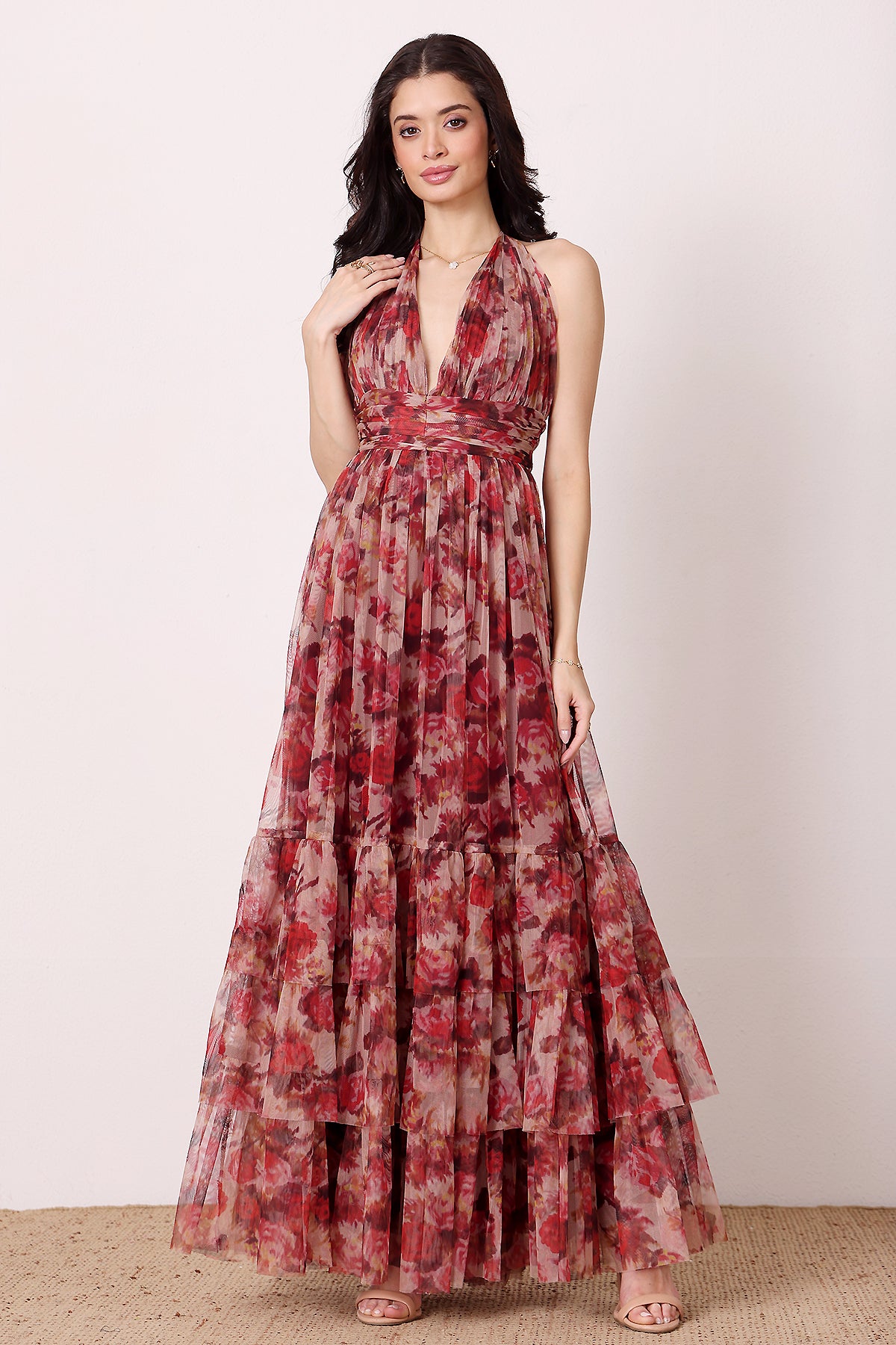 Halterneck tulle mesh cinched waist formal evening maxi dress rose floral print wedding guest 
