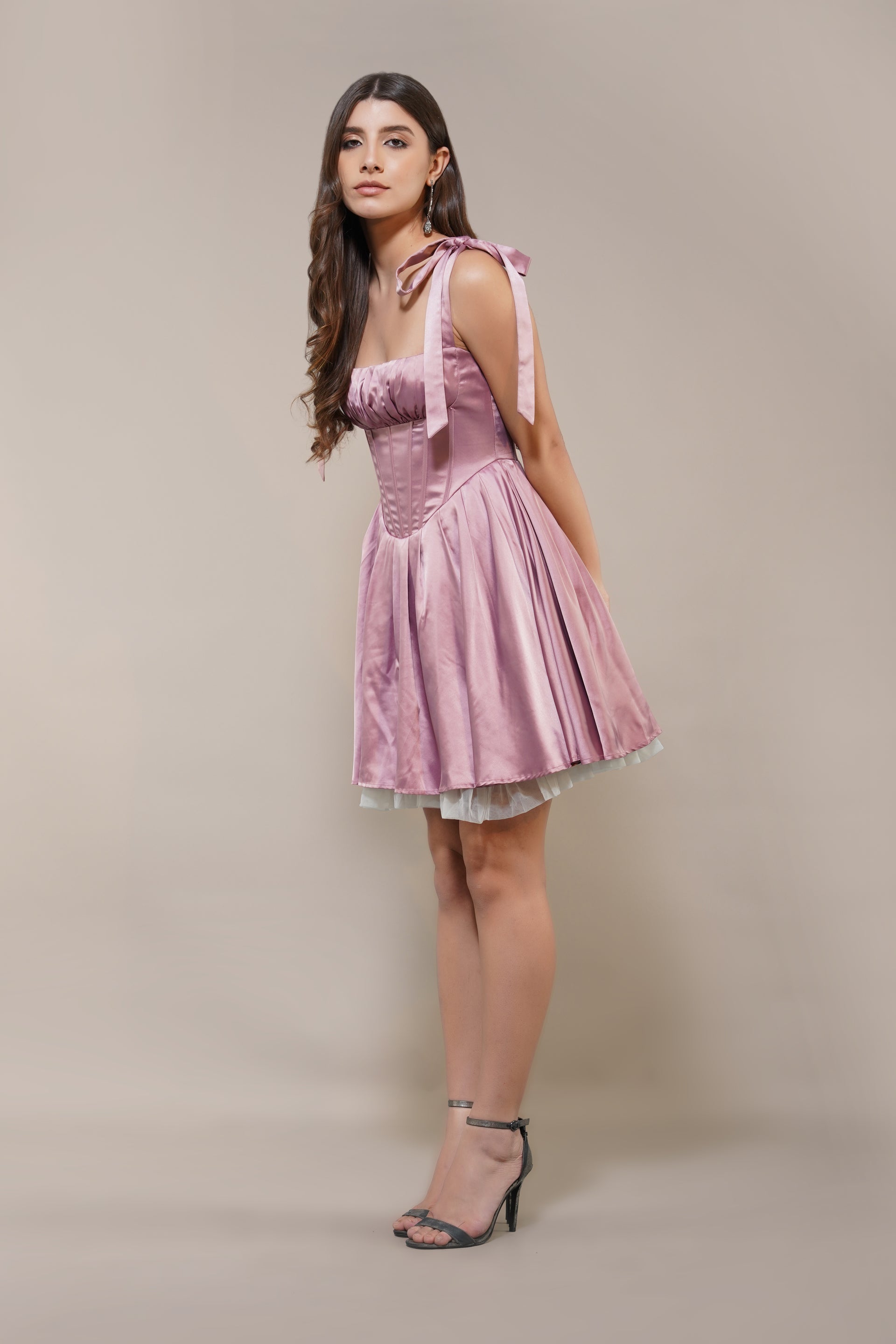 Satin Pink Corset Mini Dress Bows