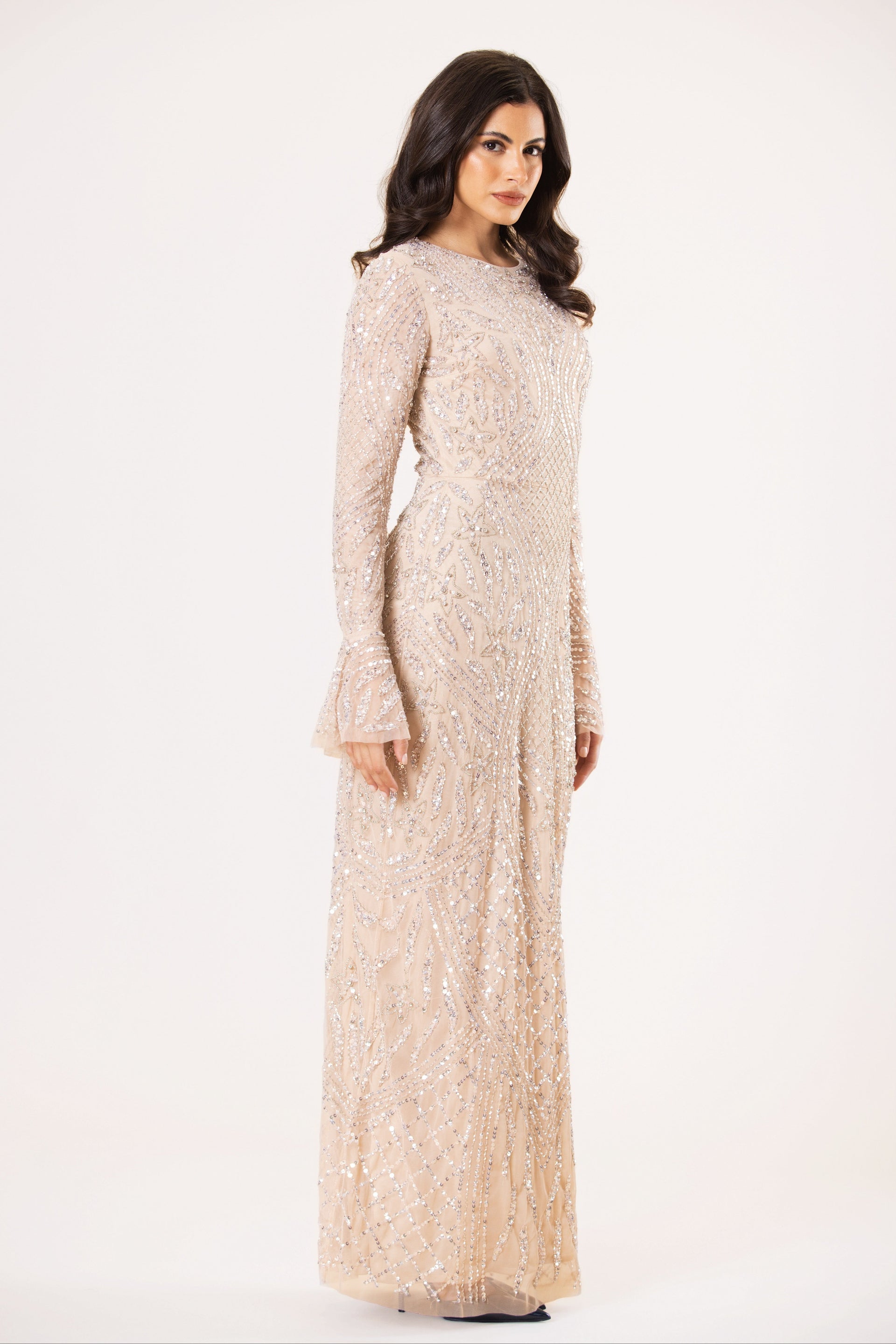 Amy Long Sleeve Embellished Maxi Dress in Mink