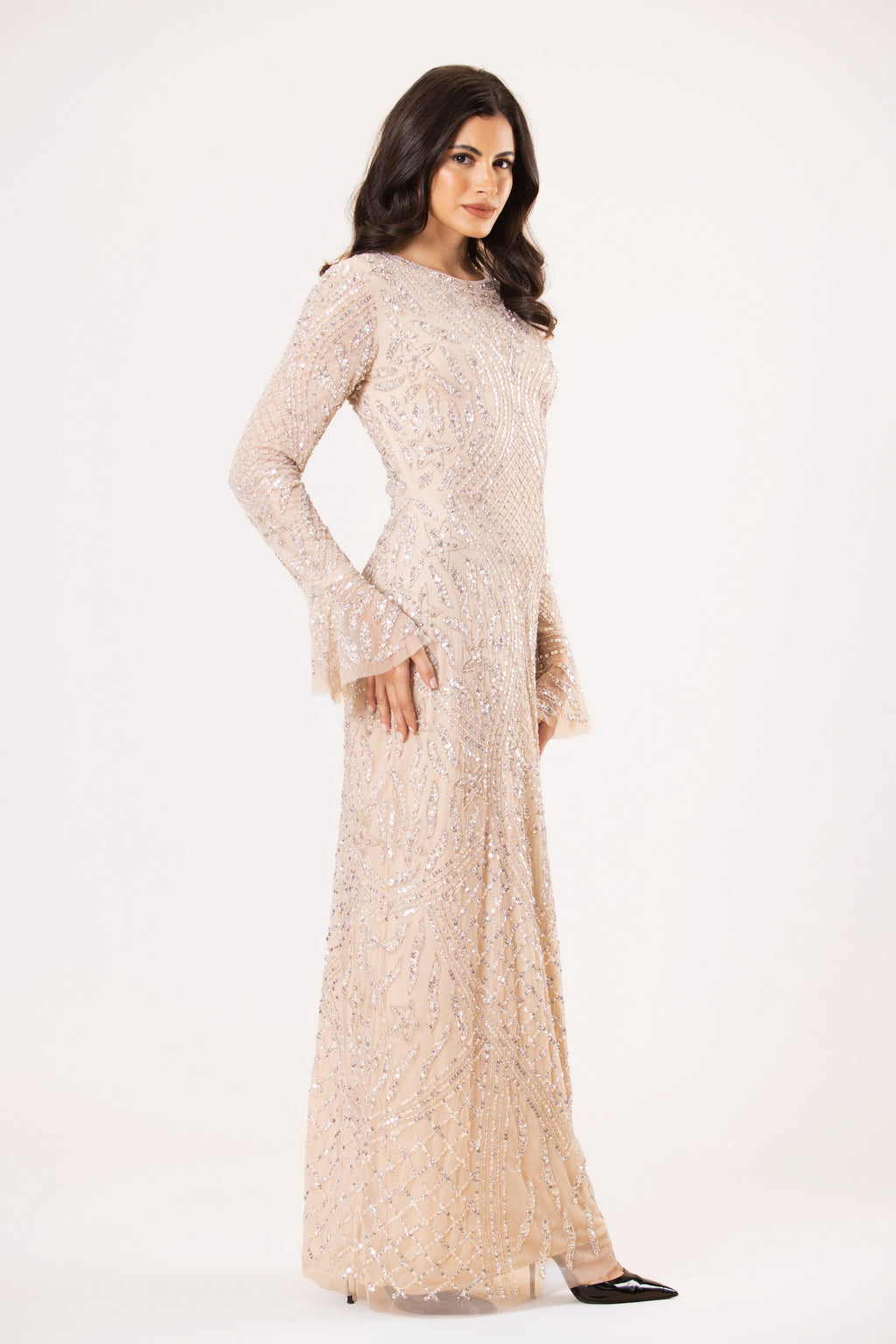 Amy Long Sleeve Embellished Maxi Dress in Mink UK24 / Mink Amy Long Sleeve Embellished Maxi Dress in Mink UK24 / Mink