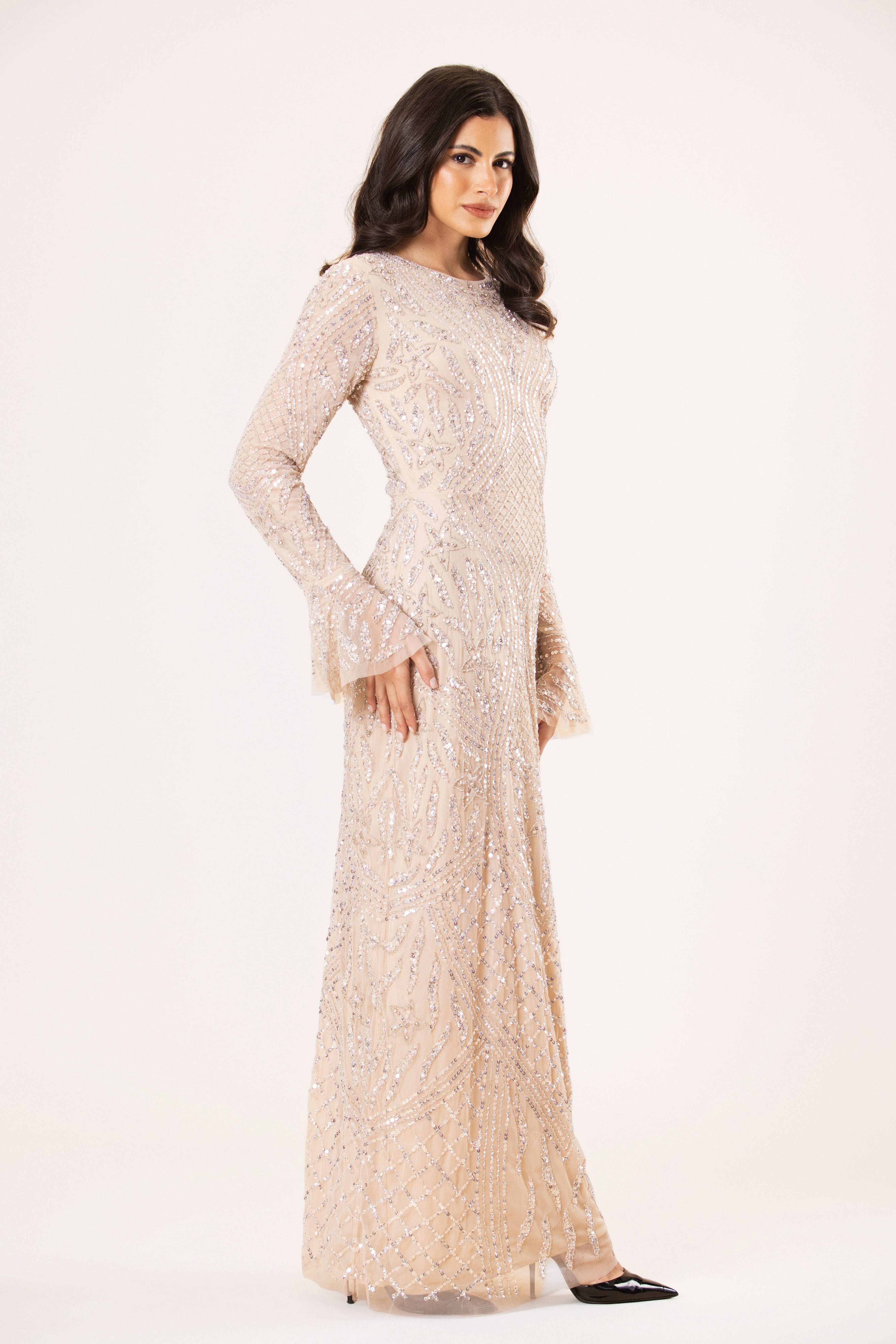 Modest Long Sleeve Mink Nude Pale Pink Wedding Bridal Formal Black Tie Maxi Dress Embellished Sequin