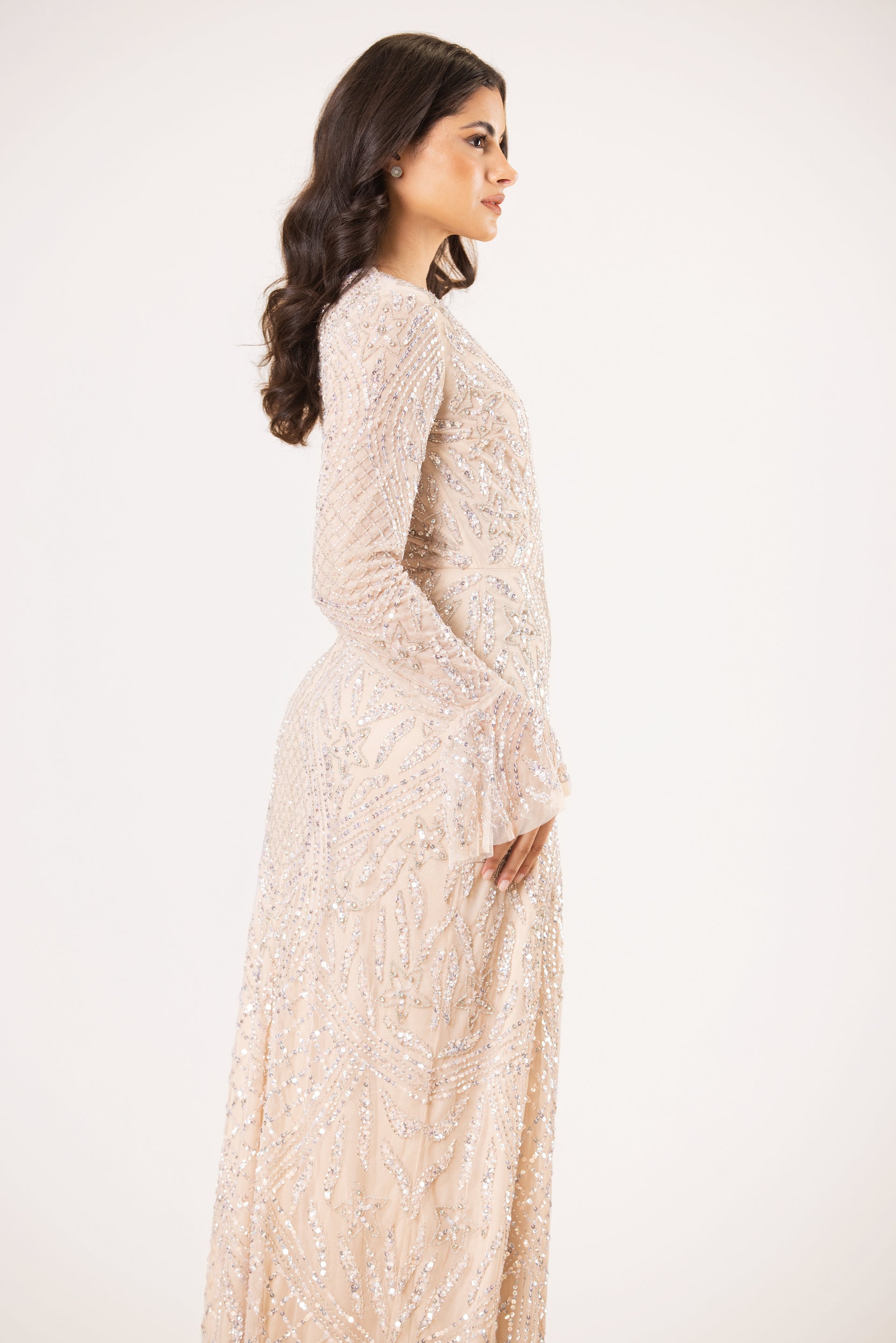 Amy Long Sleeve Embellished Maxi Dress in Mink