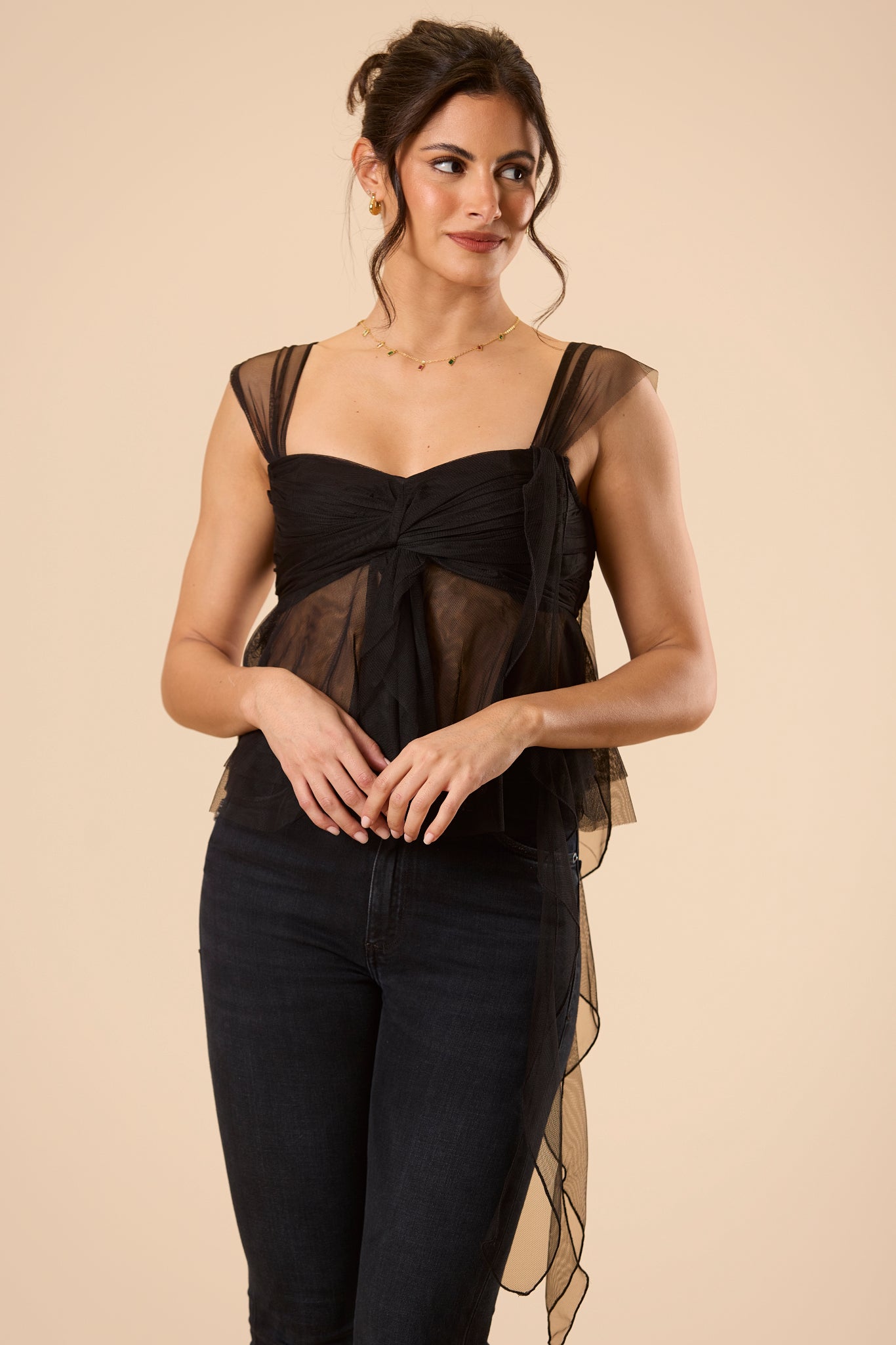 Tulle Mesh Sweetheart Ruffle Asymmetrical Black Top