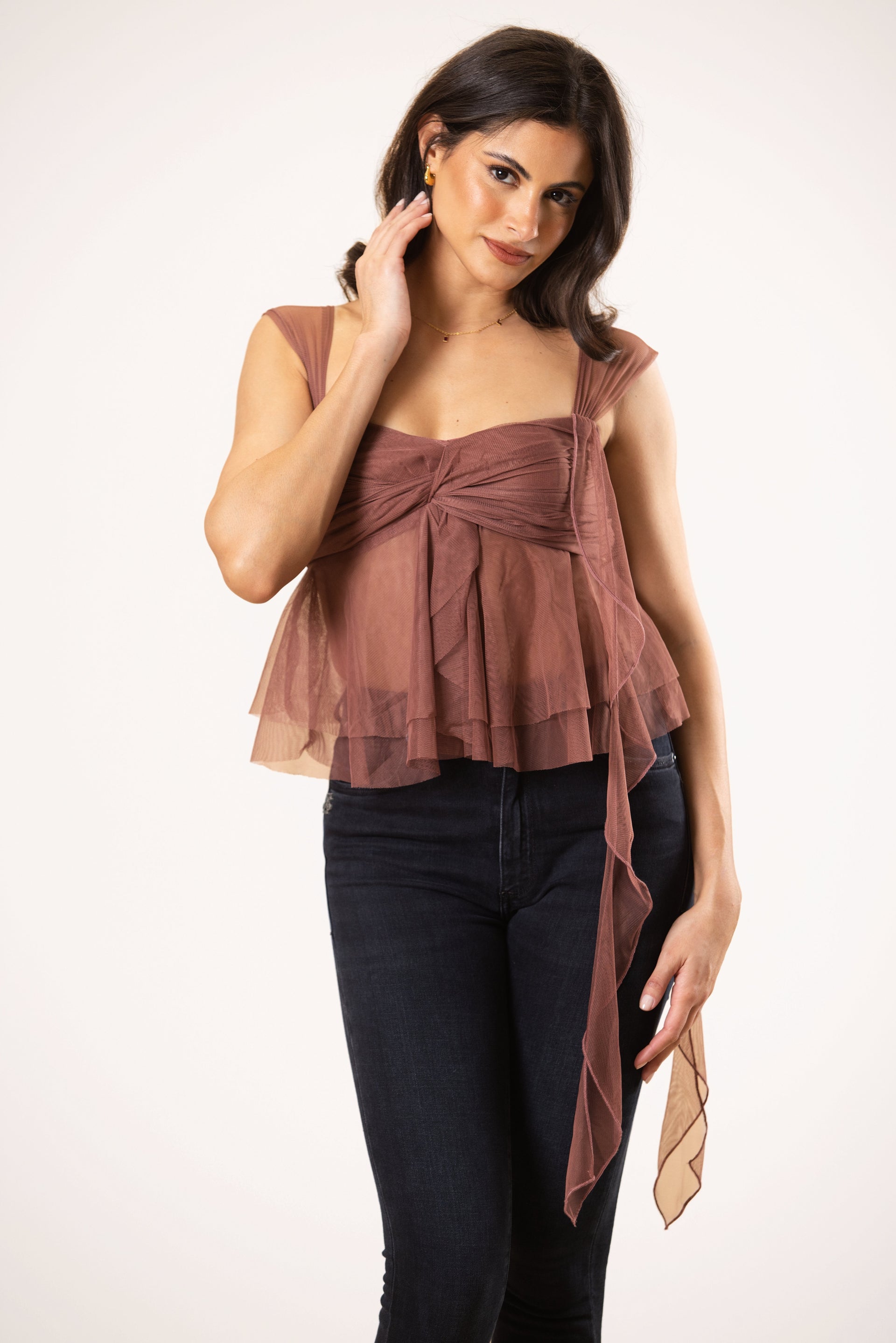 Mesh tulle ruffle sleeveless rose brown going out top
