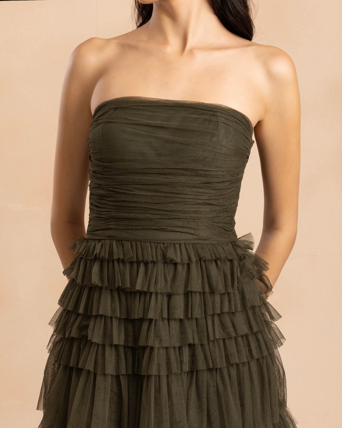 Annabelle Tulle Maxi Dress in Dark Olive