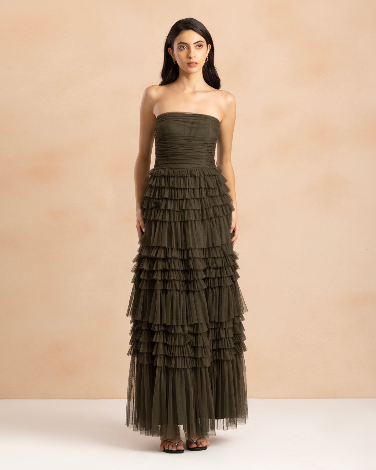 Annabelle Tulle Maxi Dress in Dark Olive