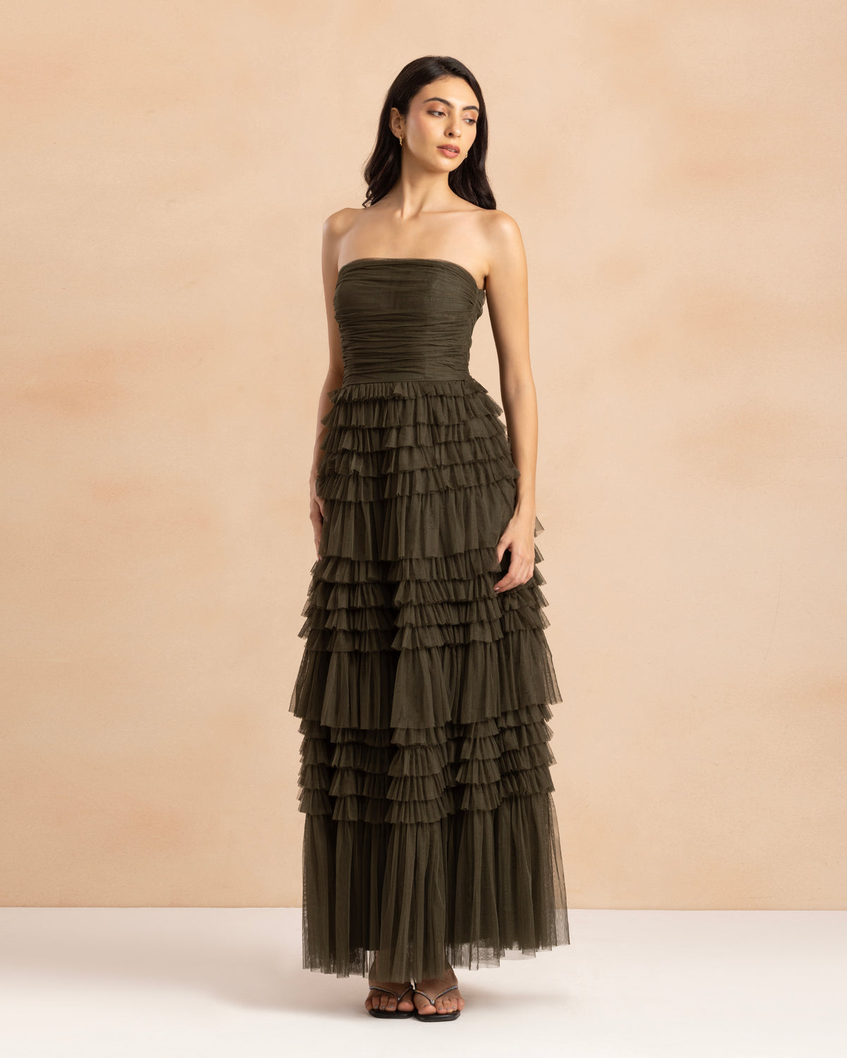 Annabelle Tulle Maxi Dress in Dark Olive
