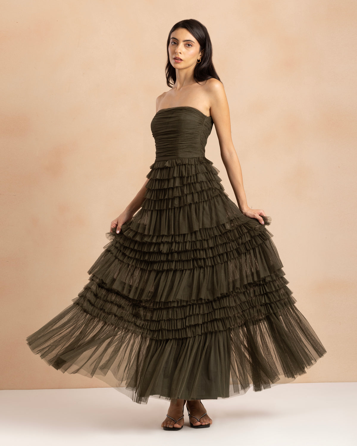 Annabelle Tulle Maxi Dress in Dark Olive